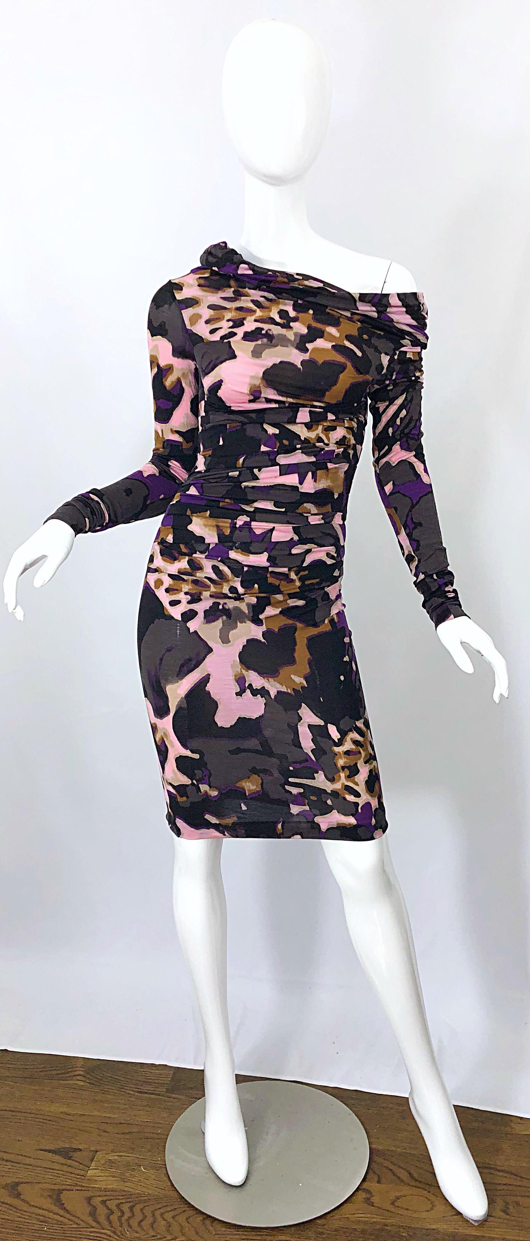 New ESCADA Multi Animal Leopard Print Lightweight Wool Off The Shoulder Dress For Sale 1