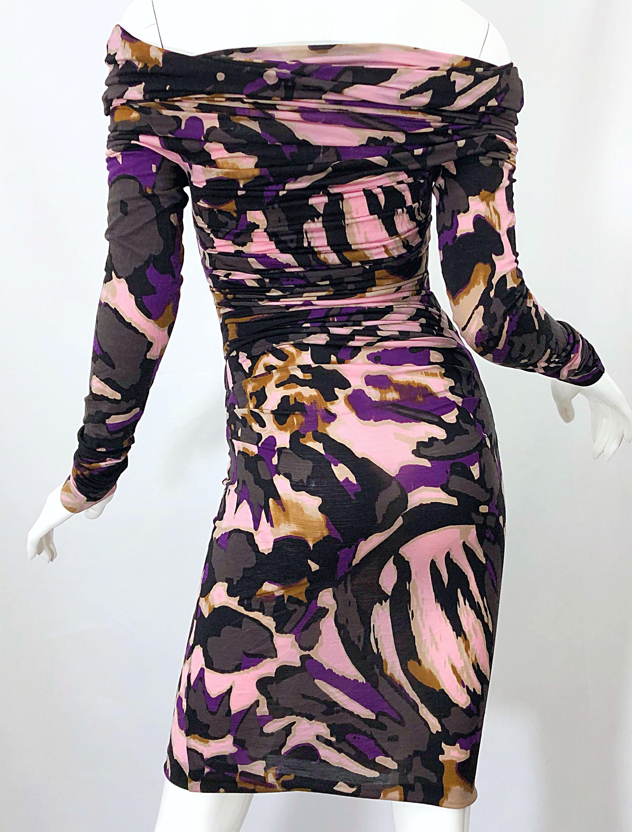 New ESCADA Multi Animal Leopard Print Lightweight Wool Off The Shoulder Dress For Sale 2
