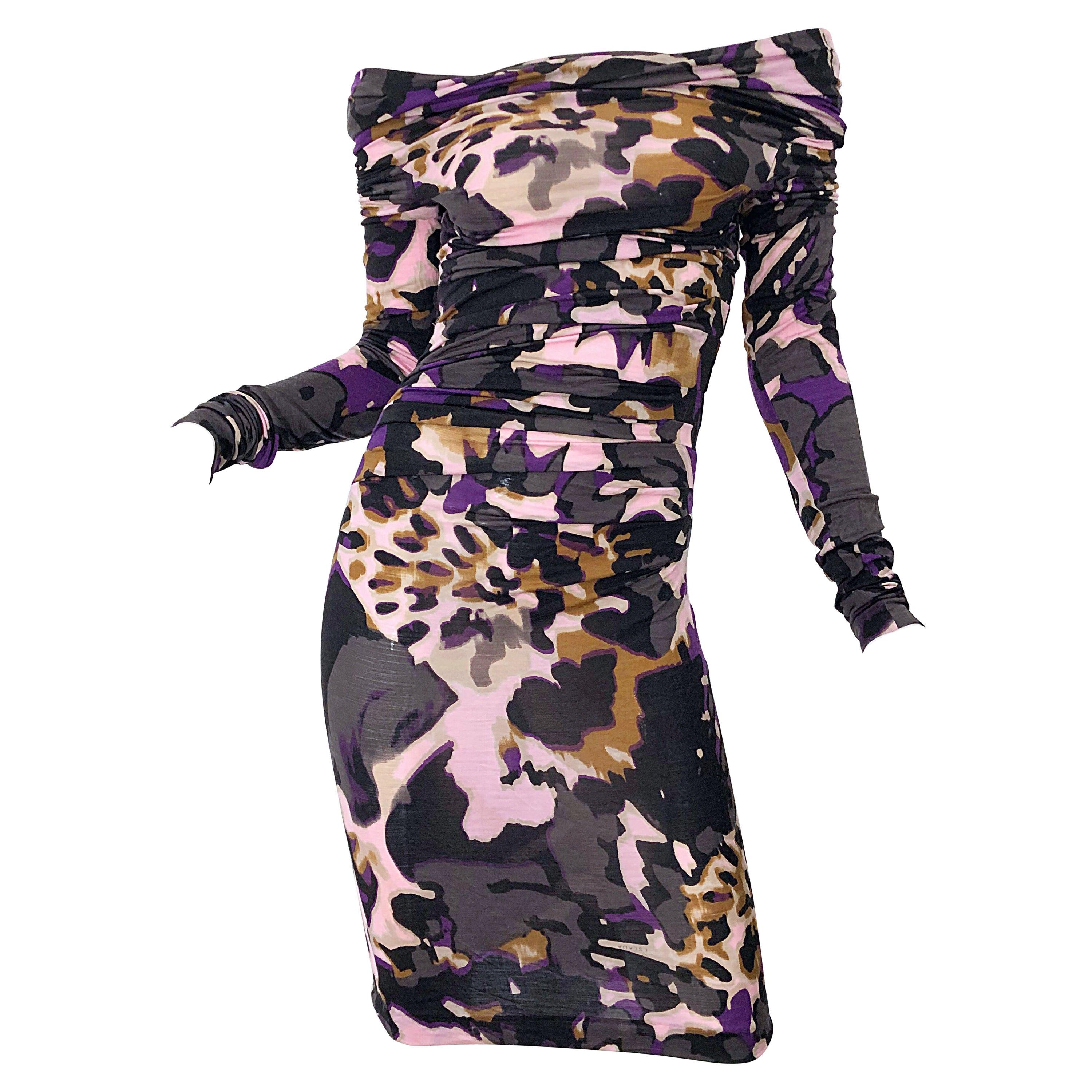 New ESCADA Multi Animal Leopard Print Lightweight Wool Off The Shoulder Dress For Sale