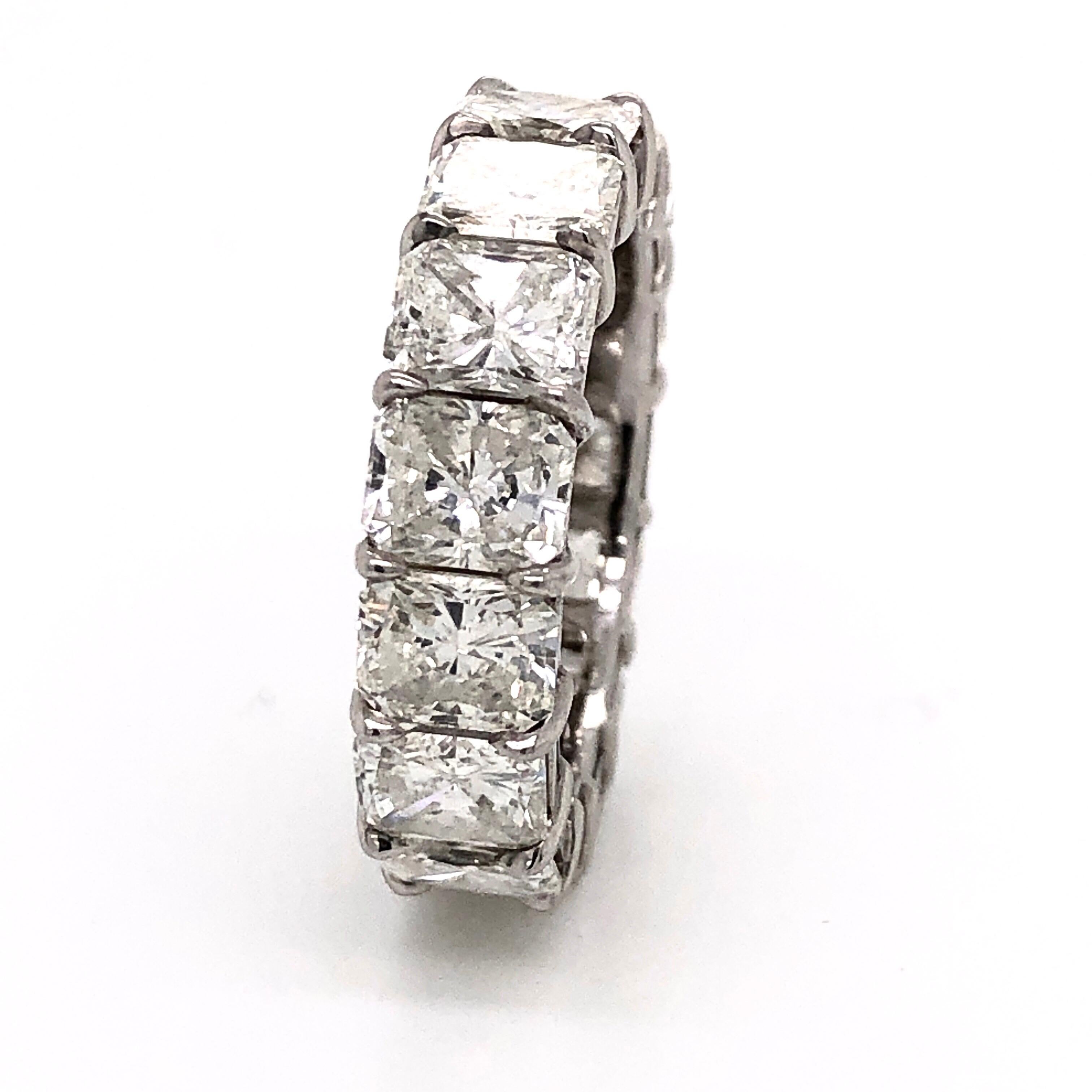 Ring size 5.75. Can be resized into any finger size. 15 Long radiant cut diamonds H color Vs-Si1 clarity diamonds totaling 8.72cts hand made in Platinum. Each diamond is .58cts and because of the excellent long measurements we hand picked, the