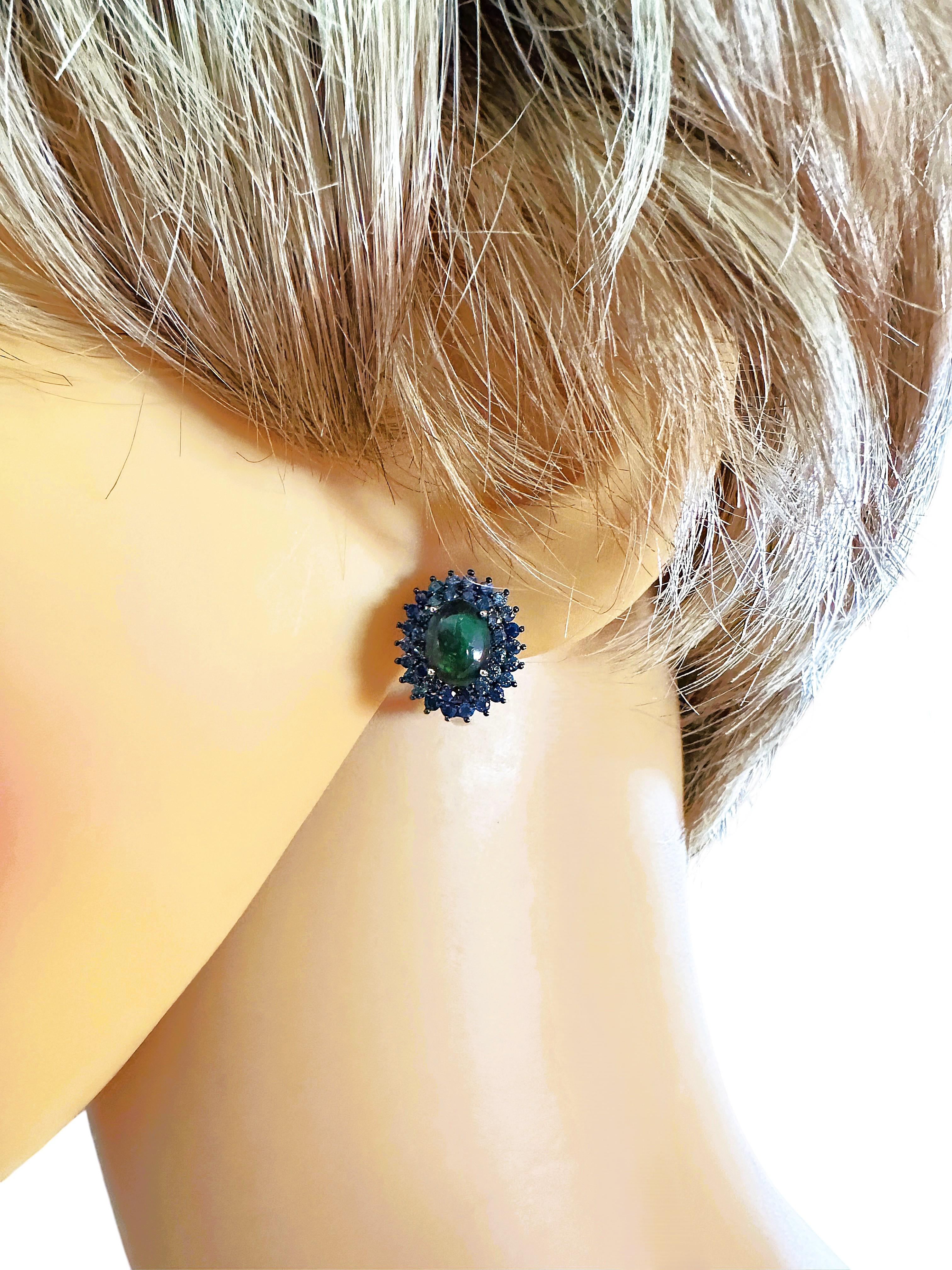 Art Deco New Ethiopian 1.2 Carat Black Opal & Diamond cut Blue Sapphire Sterling Earrings