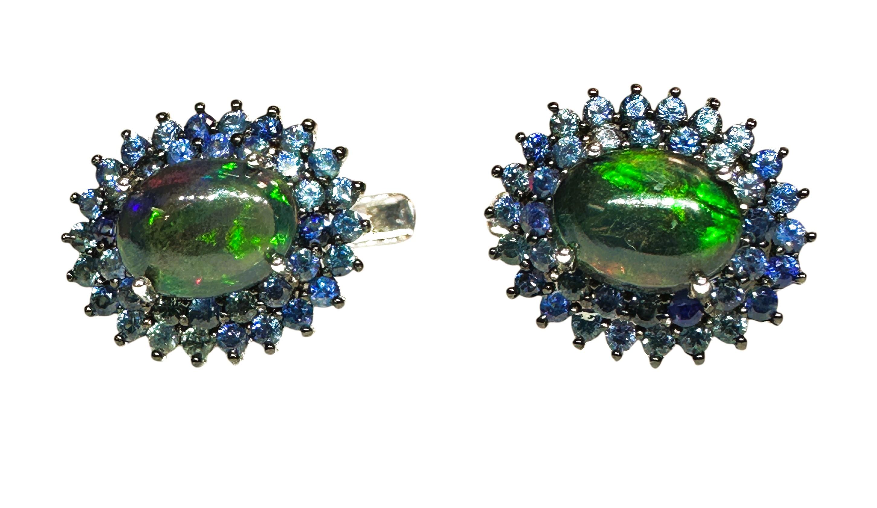 Cabochon New Ethiopian 1.2 Carat Black Opal & Diamond cut Blue Sapphire Sterling Earrings