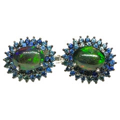 Neu Äthiopischer 1,2 Karat Schwarzer Opal & Diamant geschliffener blauer Saphir Sterling Ohrringe