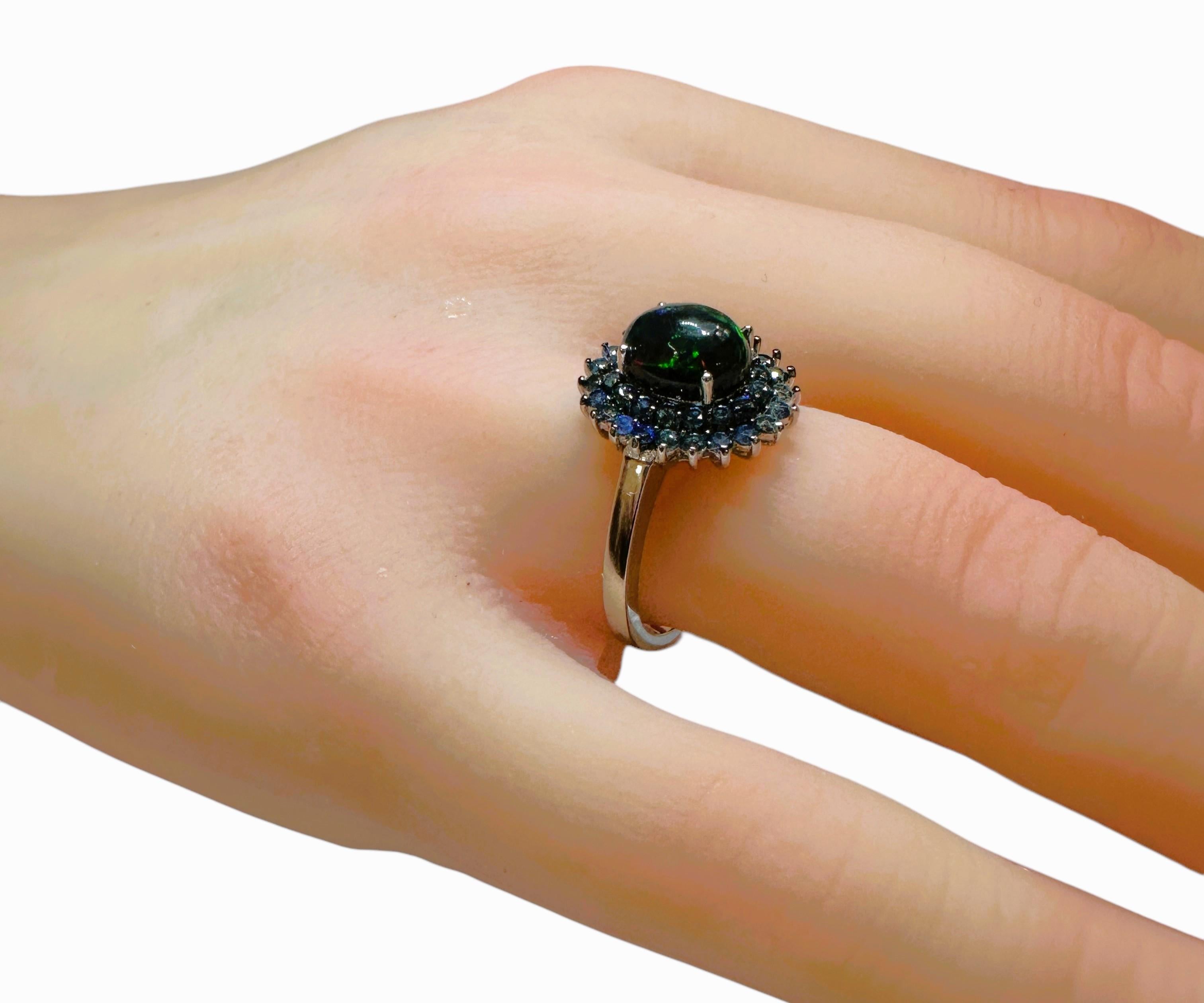 New Ethiopian 1.2 Carat Black Opal & Diamond cut Blue Sapphire Sterling Ring For Sale 4