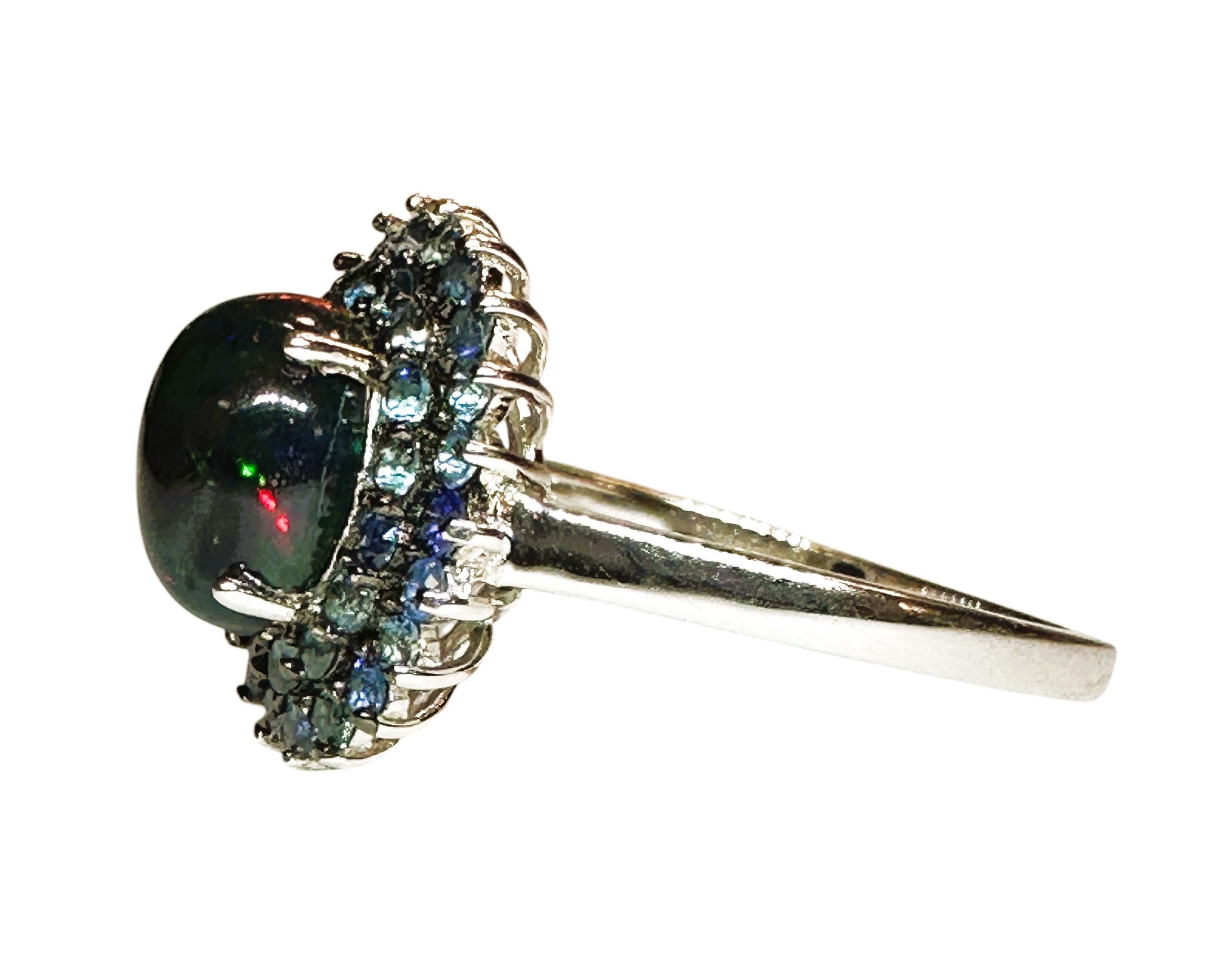 Art Deco New Ethiopian 1.2 Carat Black Opal & Diamond cut Blue Sapphire Sterling Ring For Sale