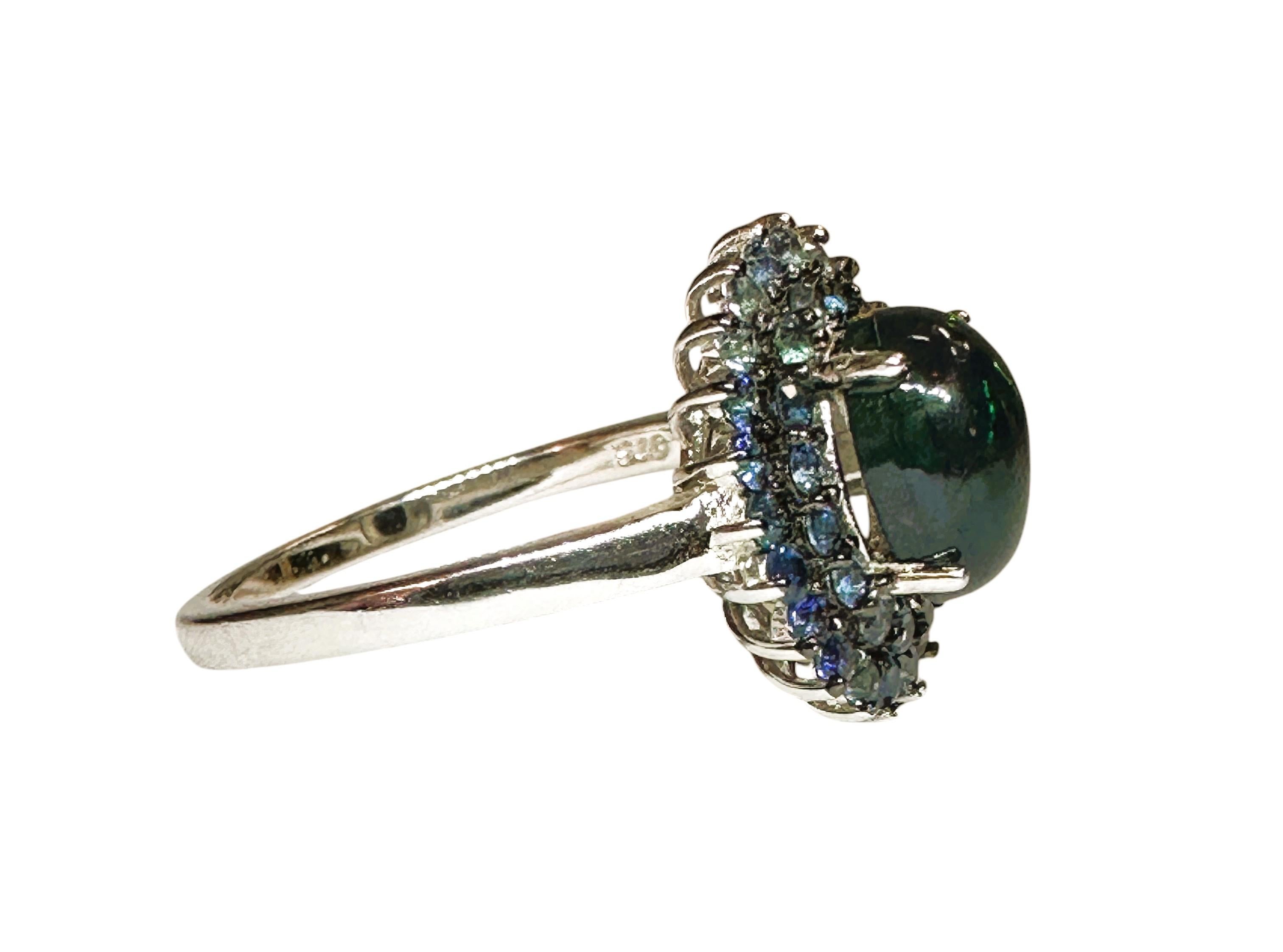 New Ethiopian 1.2 Carat Black Opal & Diamond cut Blue Sapphire Sterling Ring In New Condition For Sale In Eagan, MN