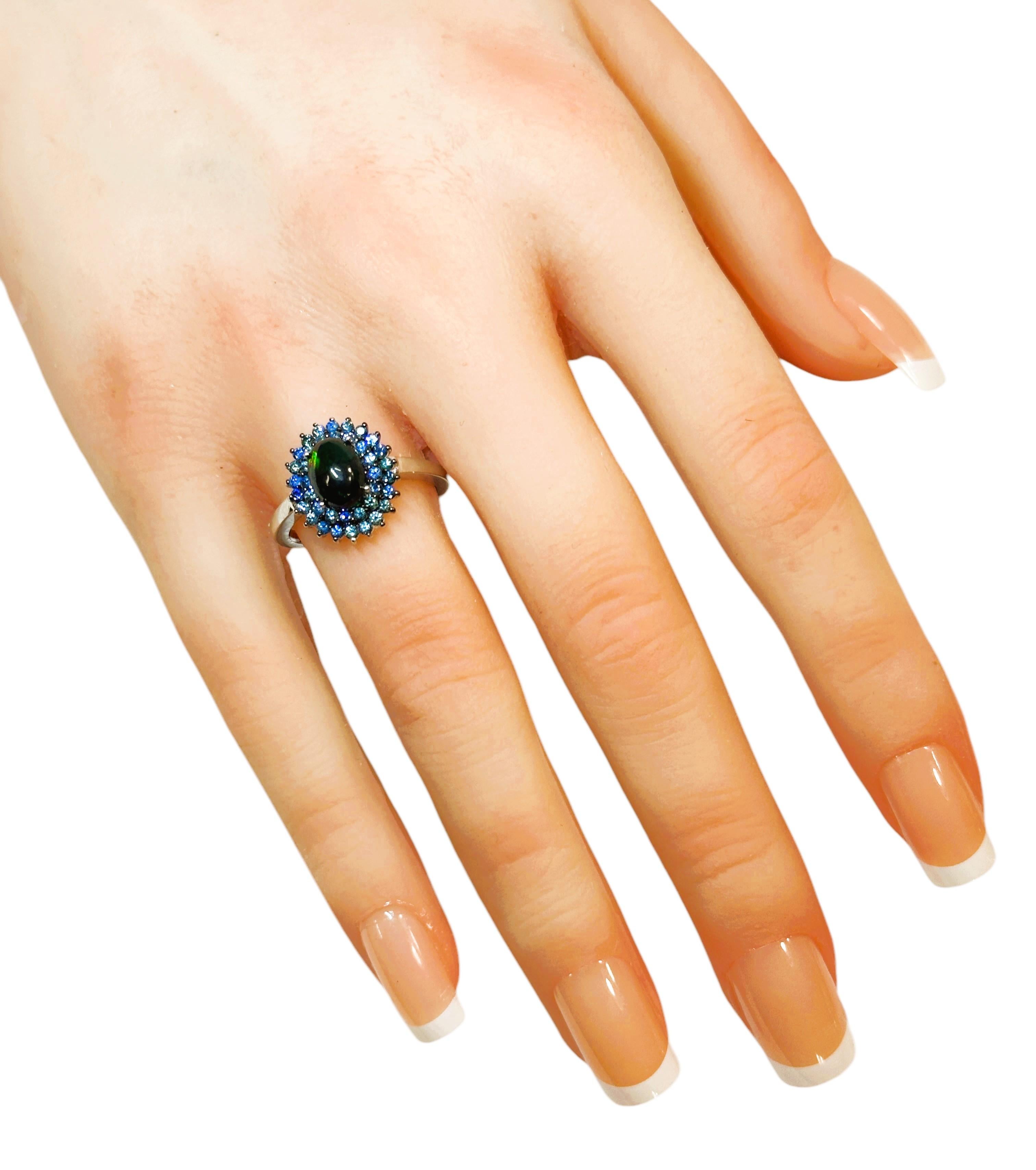 Women's New Ethiopian 1.2 Carat Black Opal & Diamond cut Blue Sapphire Sterling Ring For Sale