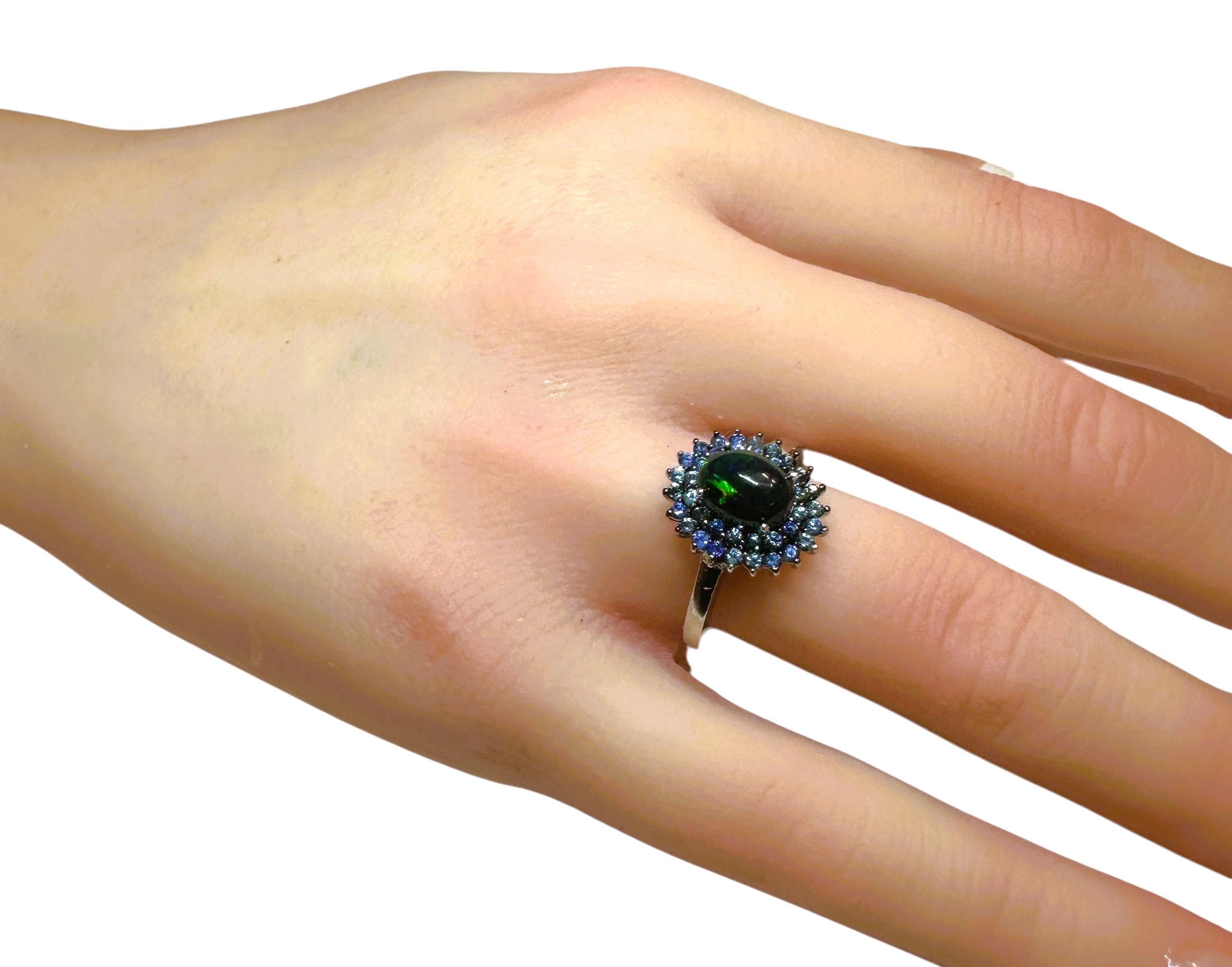 New Ethiopian 1.2 Carat Black Opal & Diamond cut Blue Sapphire Sterling Ring For Sale 3