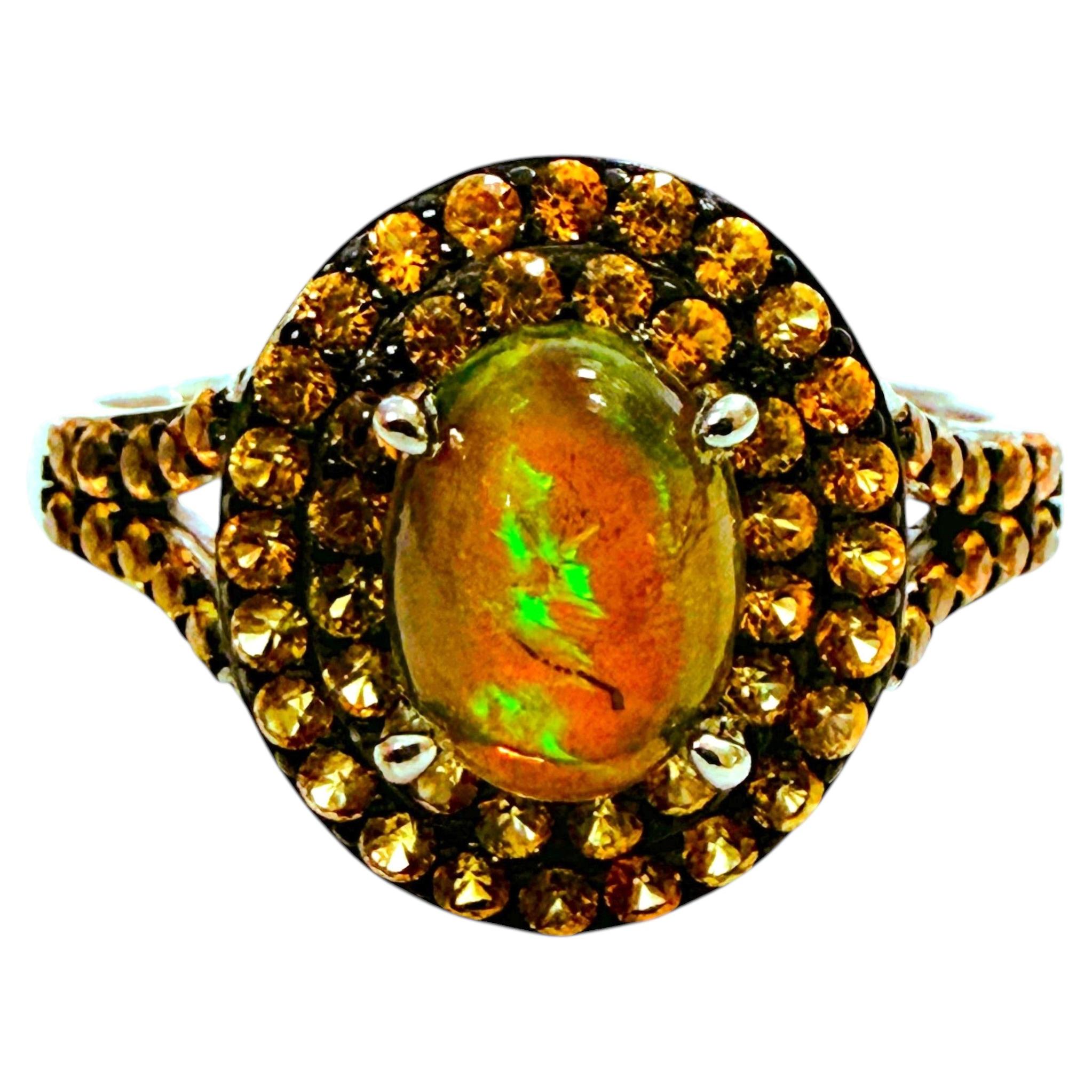 New Ethiopian 1.21 Carat Black Opal & Champagne Sapphire Sterling Ring For Sale