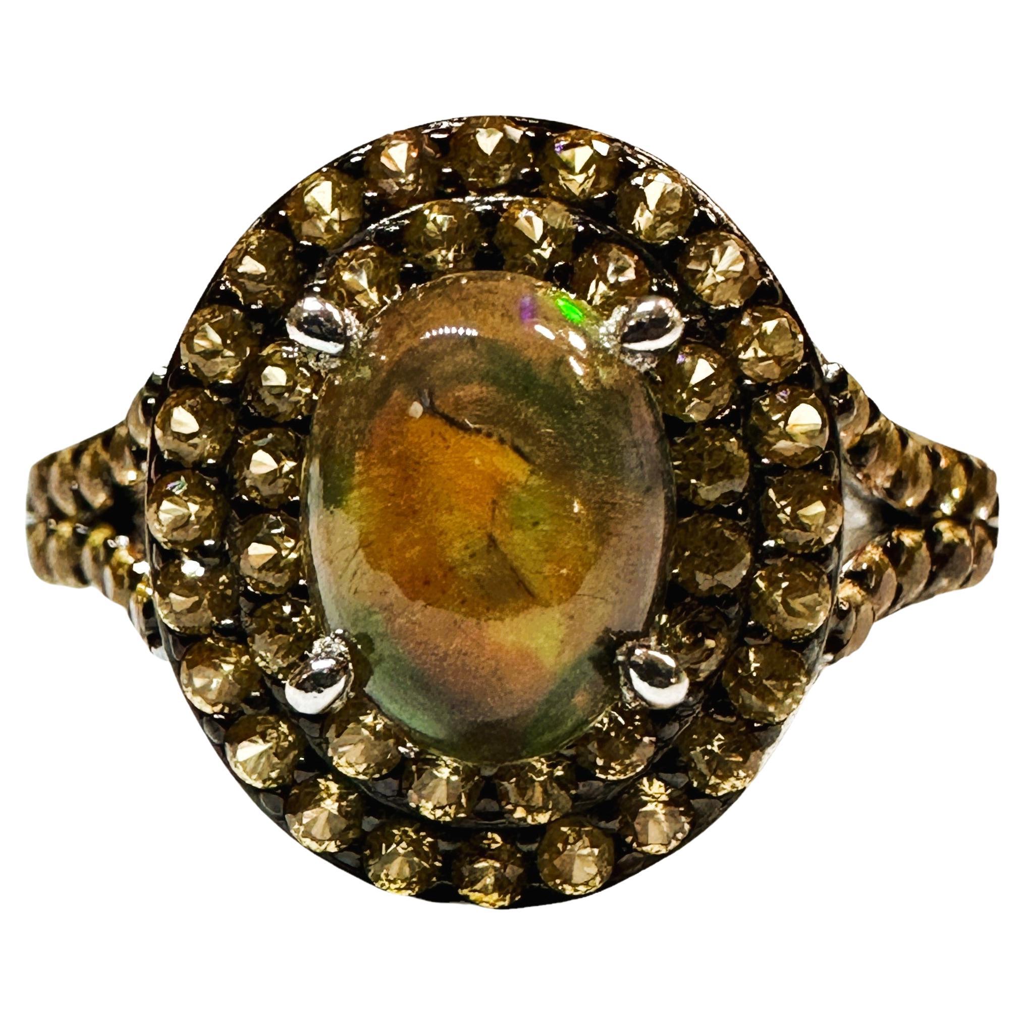 New Ethiopian Black Opal & Champagne Sapphire Sterling Silver Ring Size 9