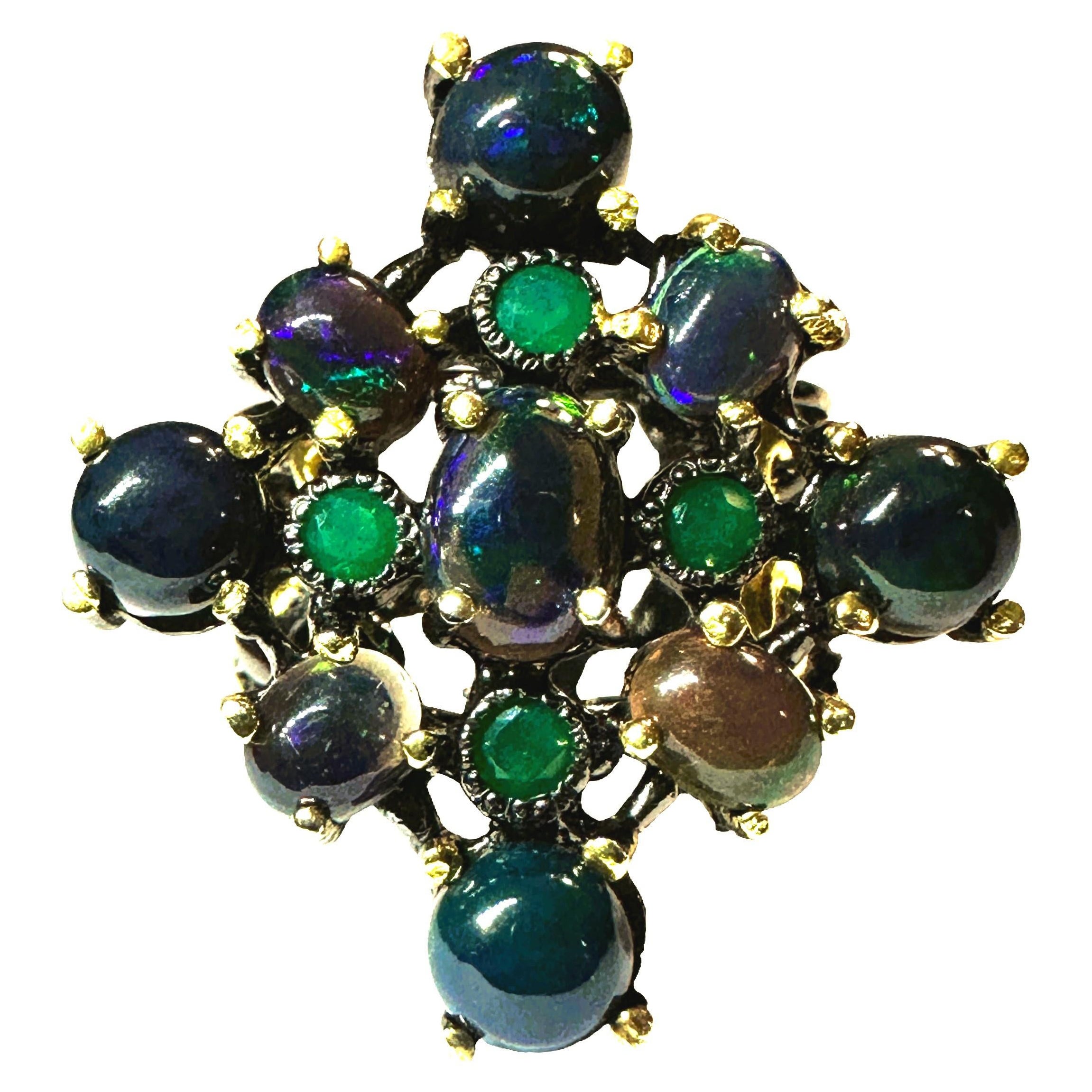 Neuer äthiopischer Ring aus schwarzem Opal und grünem Onyx in Oxi-schwarz und Y Goldblech aus vergoldetem Sterling