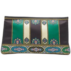 new ETRO black green paisley baroque printed silk leather top zip clutch pouch