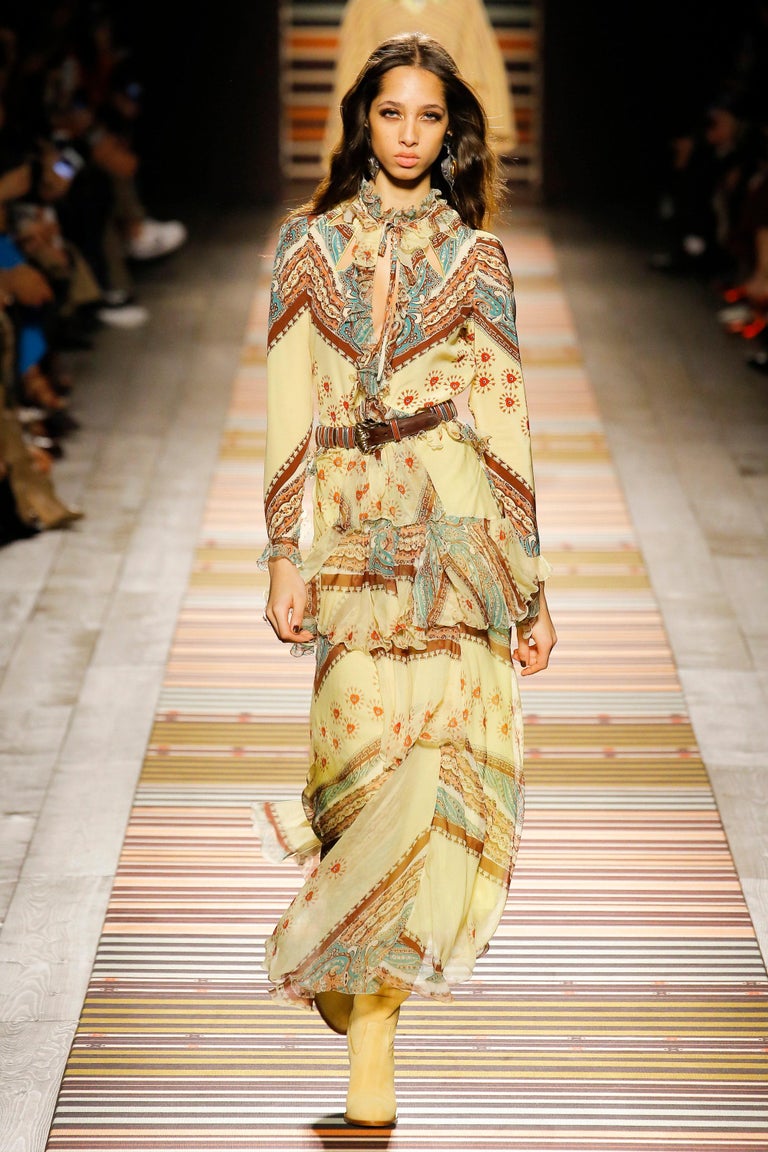 New Etro F/W 2018 Silk Ruffled Yellow Crepe De Chine Bohemian Maxi