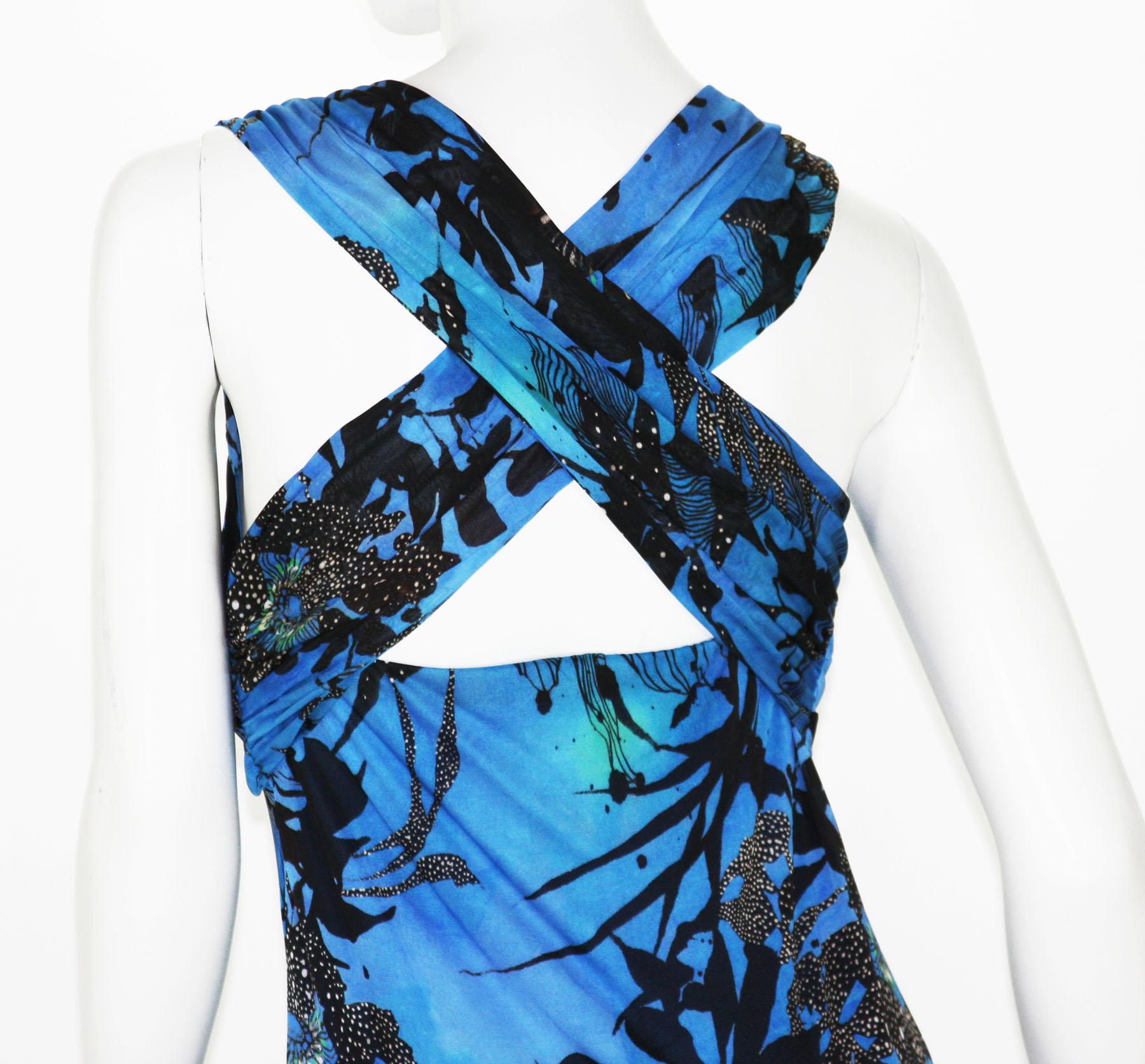 New ETRO Jersey Blue Black Floral Print Long Dress It. 44 - US 8/10 In New Condition For Sale In Montgomery, TX