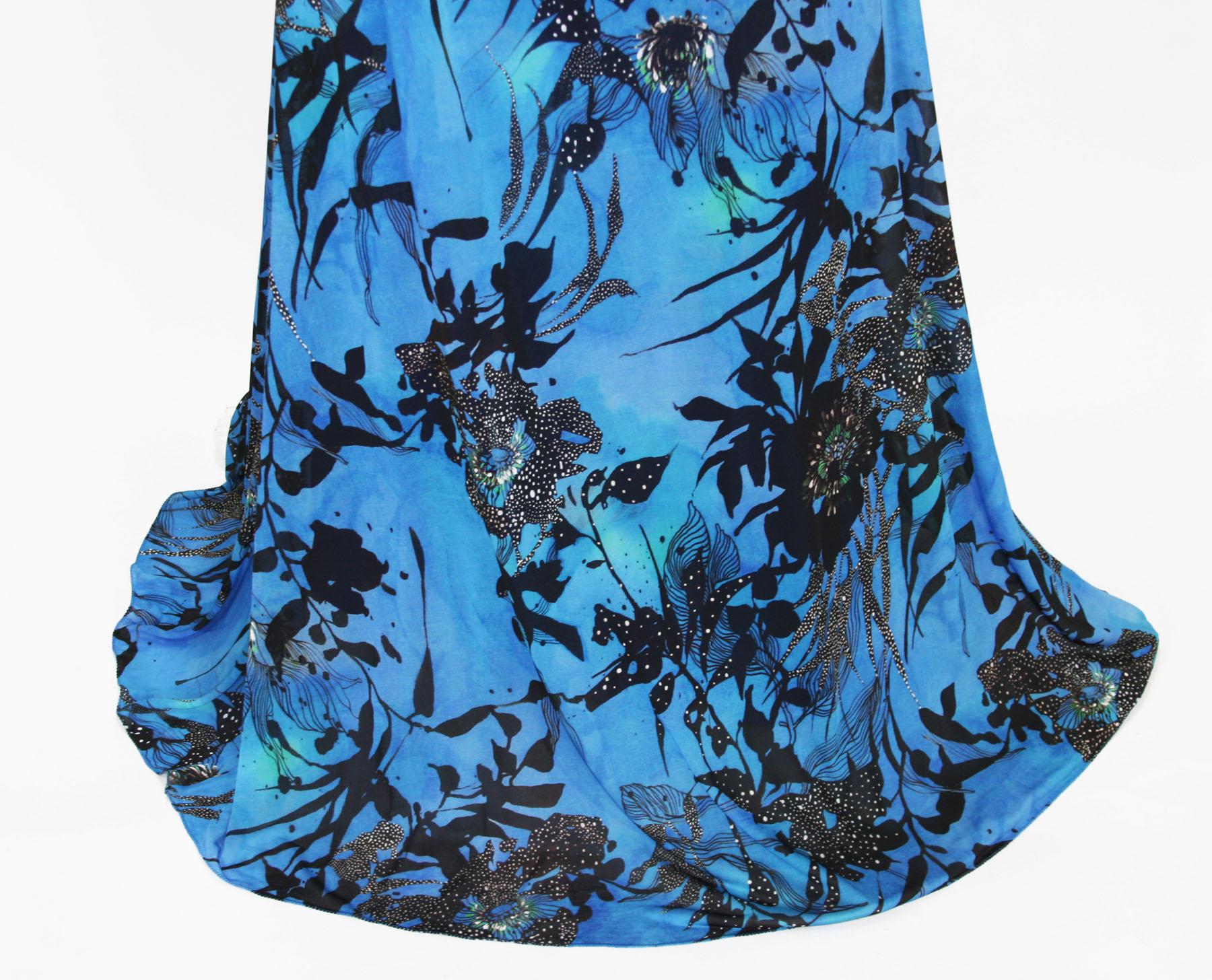 Women's New ETRO Jersey Blue Black Floral Print Long Dress It. 44 - US 8/10 For Sale