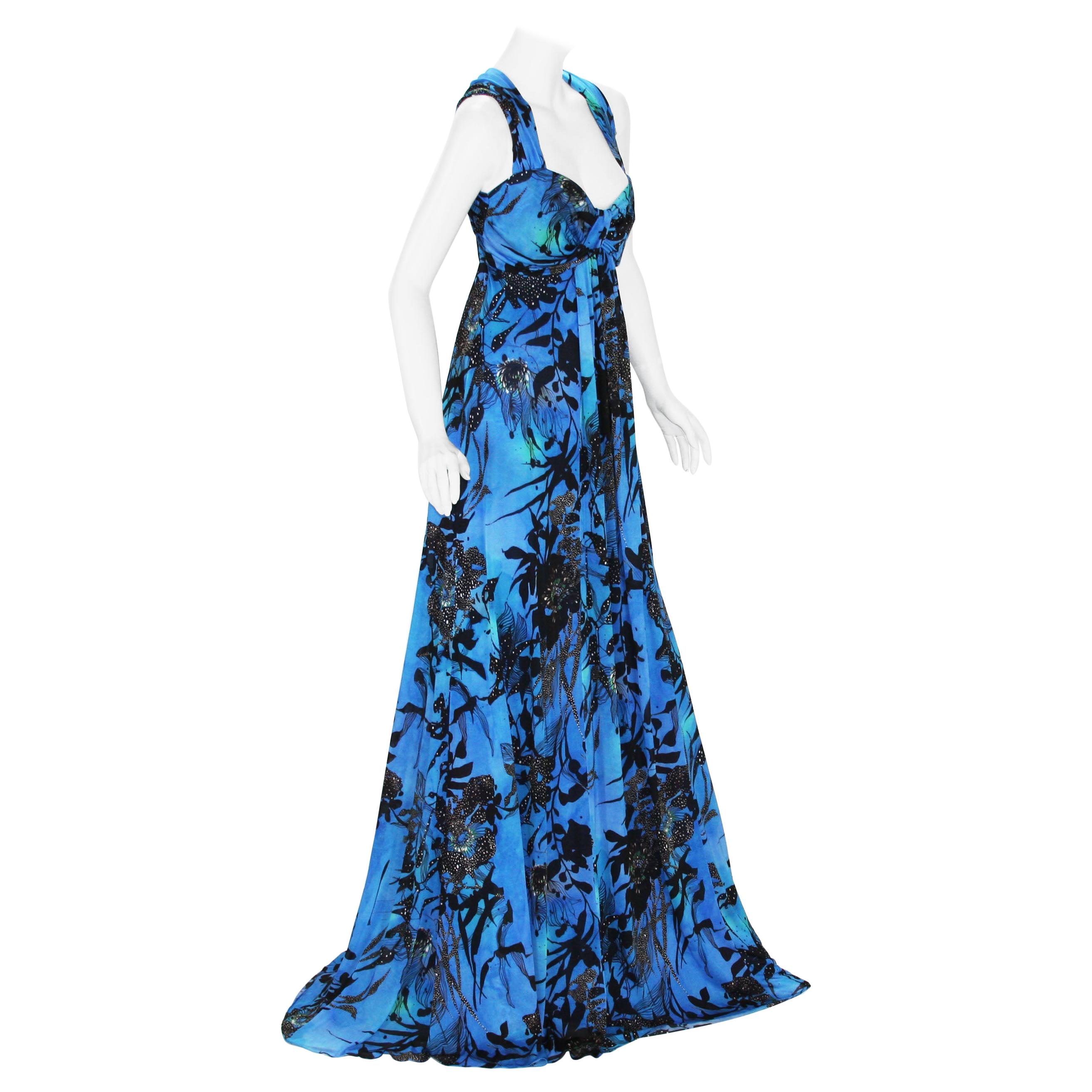 New ETRO Jersey Blue Black Floral Print Long Dress It. 44 - US 8/10