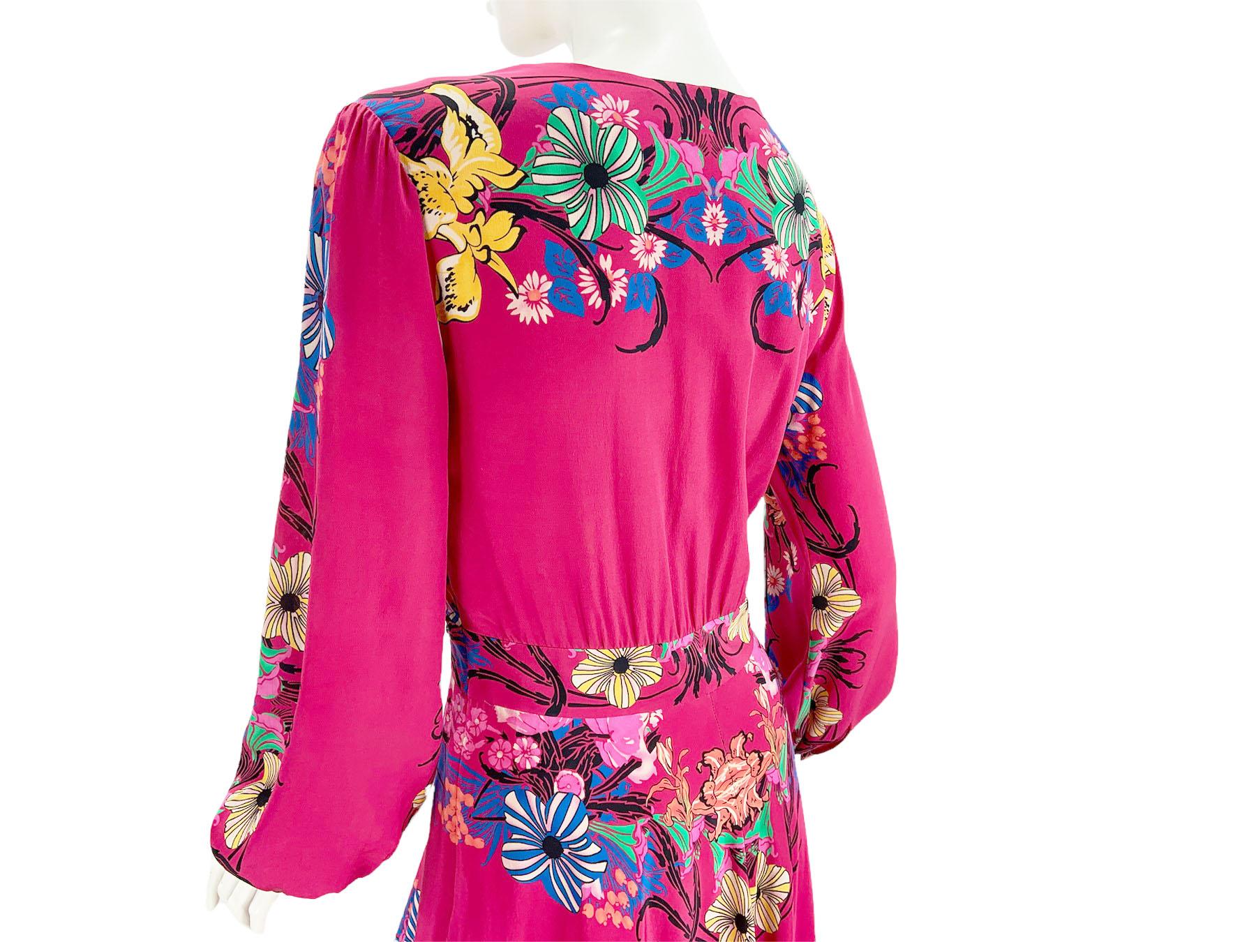 New Etro Silk Fuchsia Color Floral Print Maxi Dress Italian 42 In New Condition For Sale In Montgomery, TX