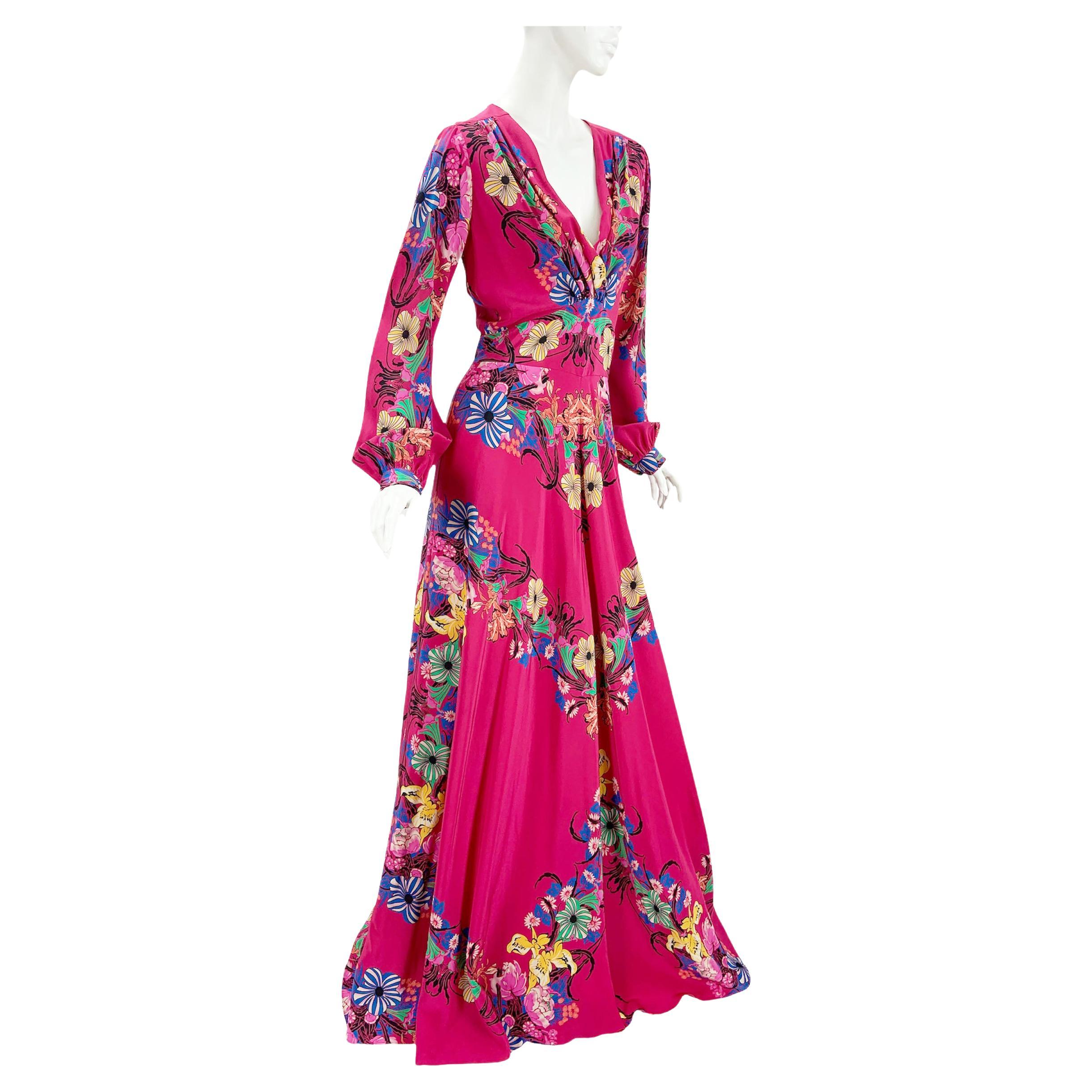 New Etro Silk Fuchsia Color Floral Print Maxi Dress Italian 42 For Sale