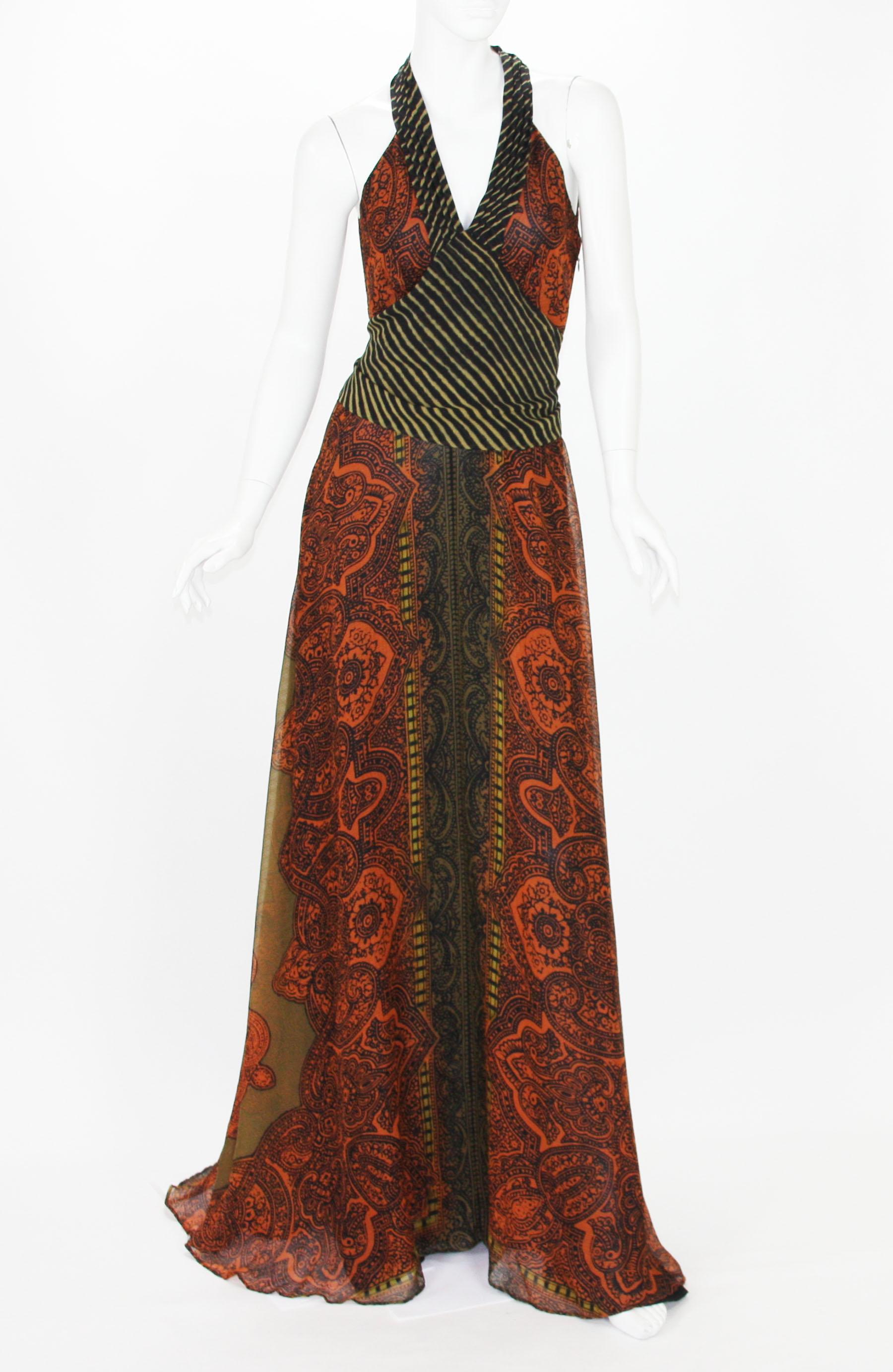 New Etro Silk Paisley Long Dress with Belt
Designer size 42
100% Silk, Famous Etro Paisley Print, Orange and Black Colors, Attached Belt, Side Zip Closure, Fully Lined in Black Silk. 
Measurements approx. : Length - 67 inches, Bust - 32 inches,