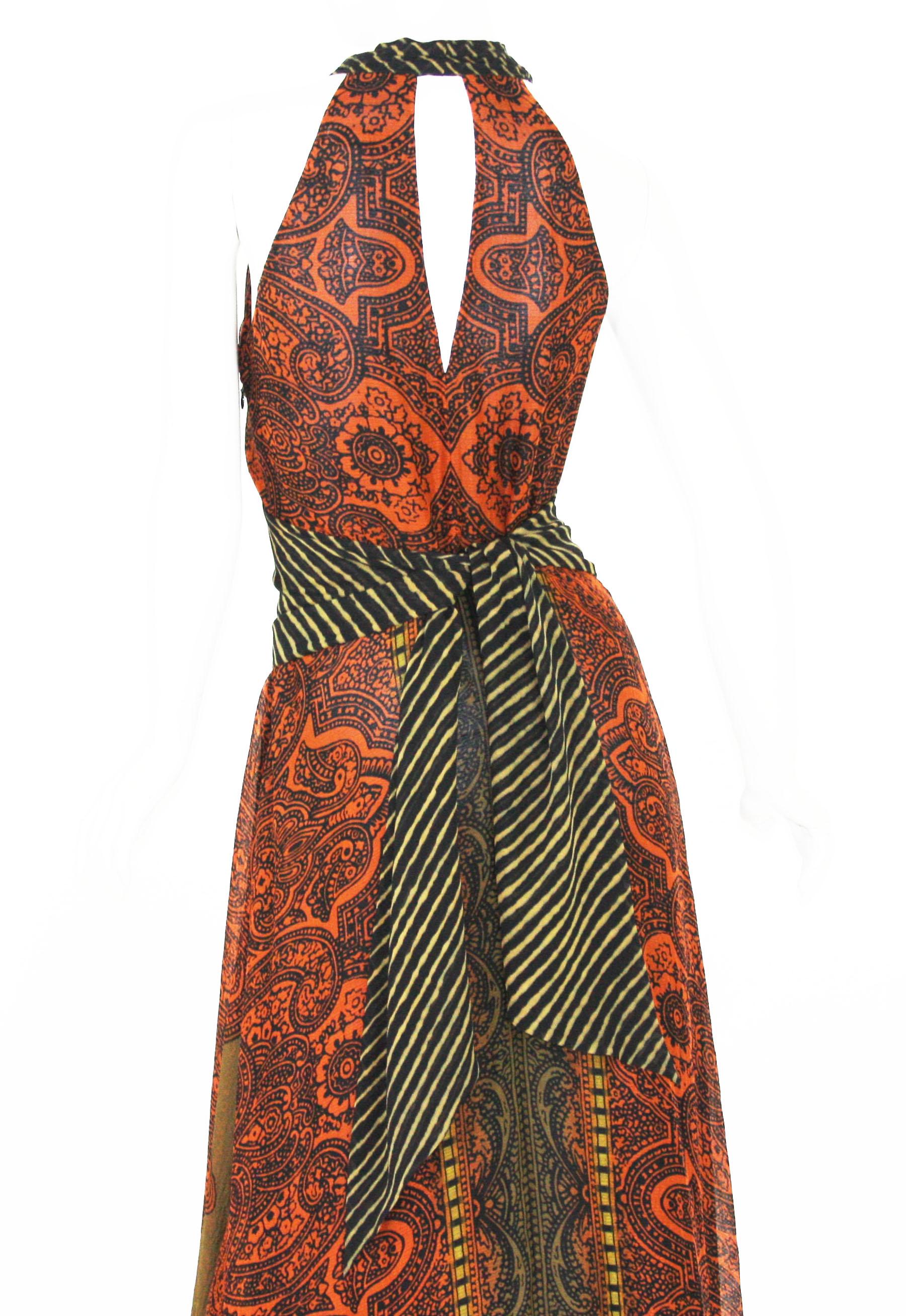 New Etro Silk Paisley Print Orange Black Long Dress with Belt It. 42 In New Condition For Sale In Montgomery, TX