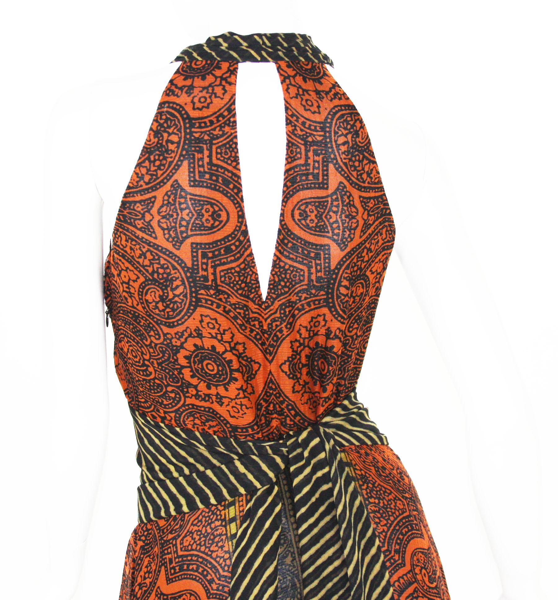 Women's New Etro Silk Paisley Print Orange Black Long Dress with Belt It. 42 For Sale