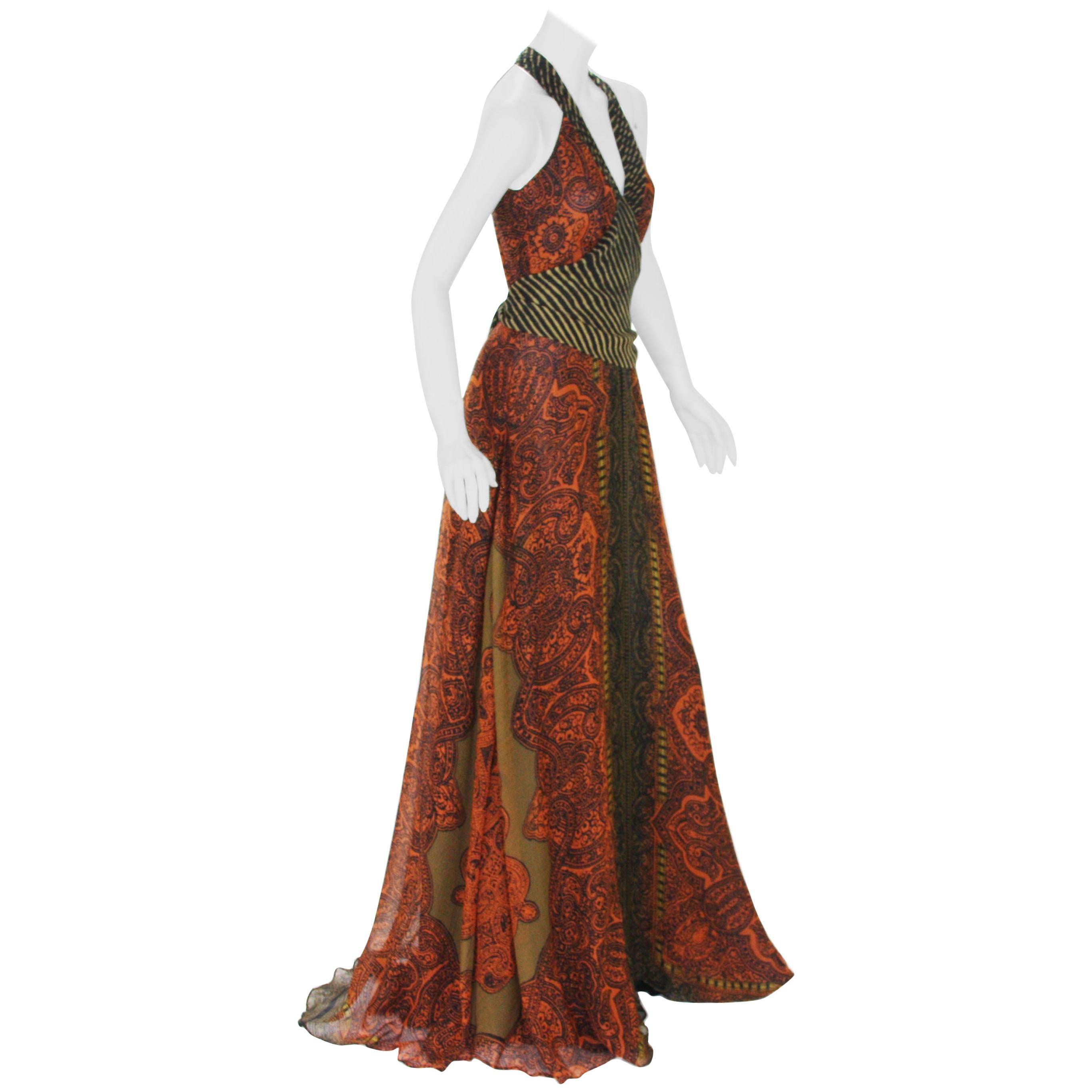 New Etro Silk Paisley Print Orange Black Long Dress with Belt It. 42