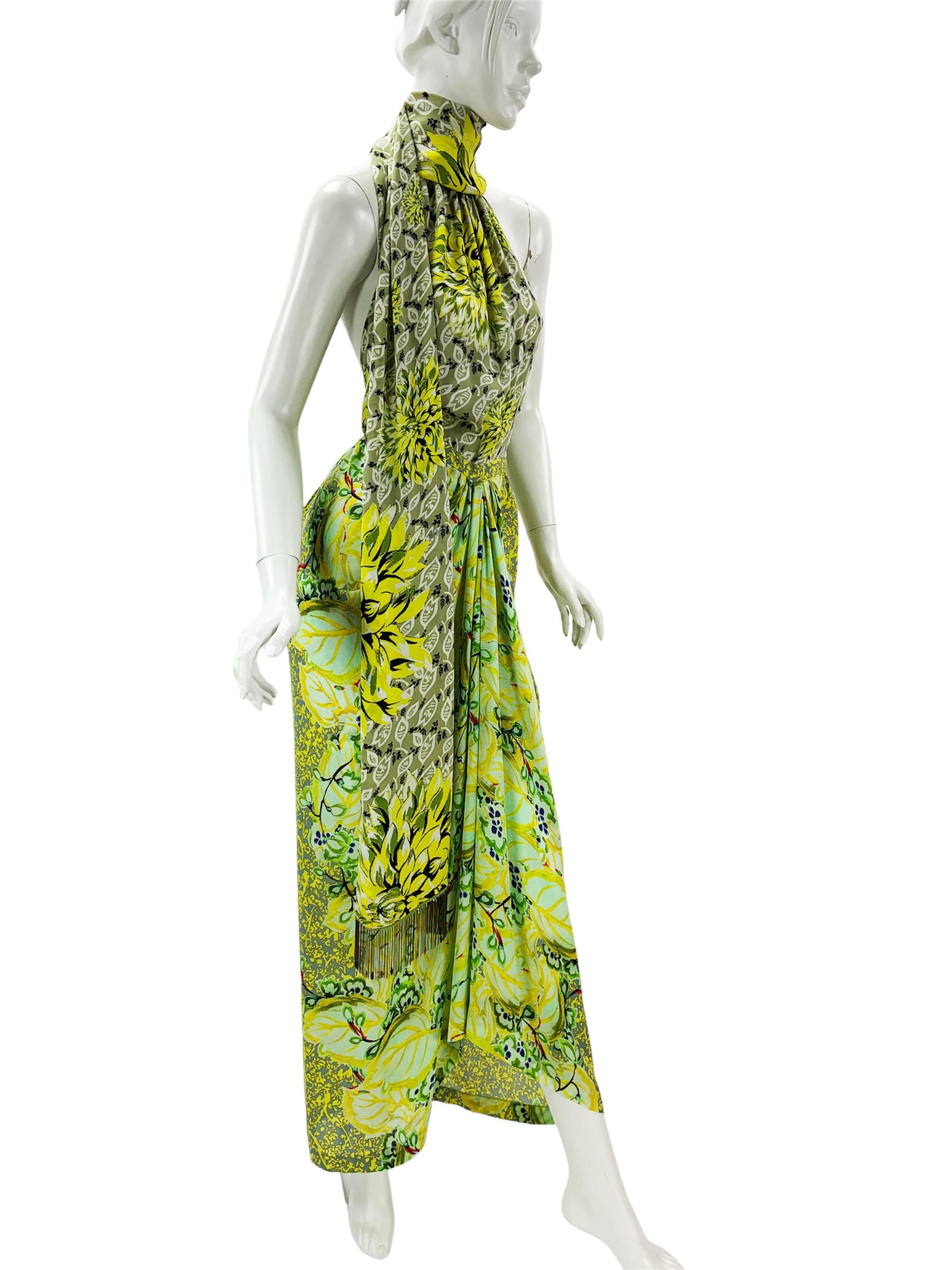 New Etro Silk Runway Yellow Green Midi Open Back Dress with Scarf Italian 42 For Sale 6