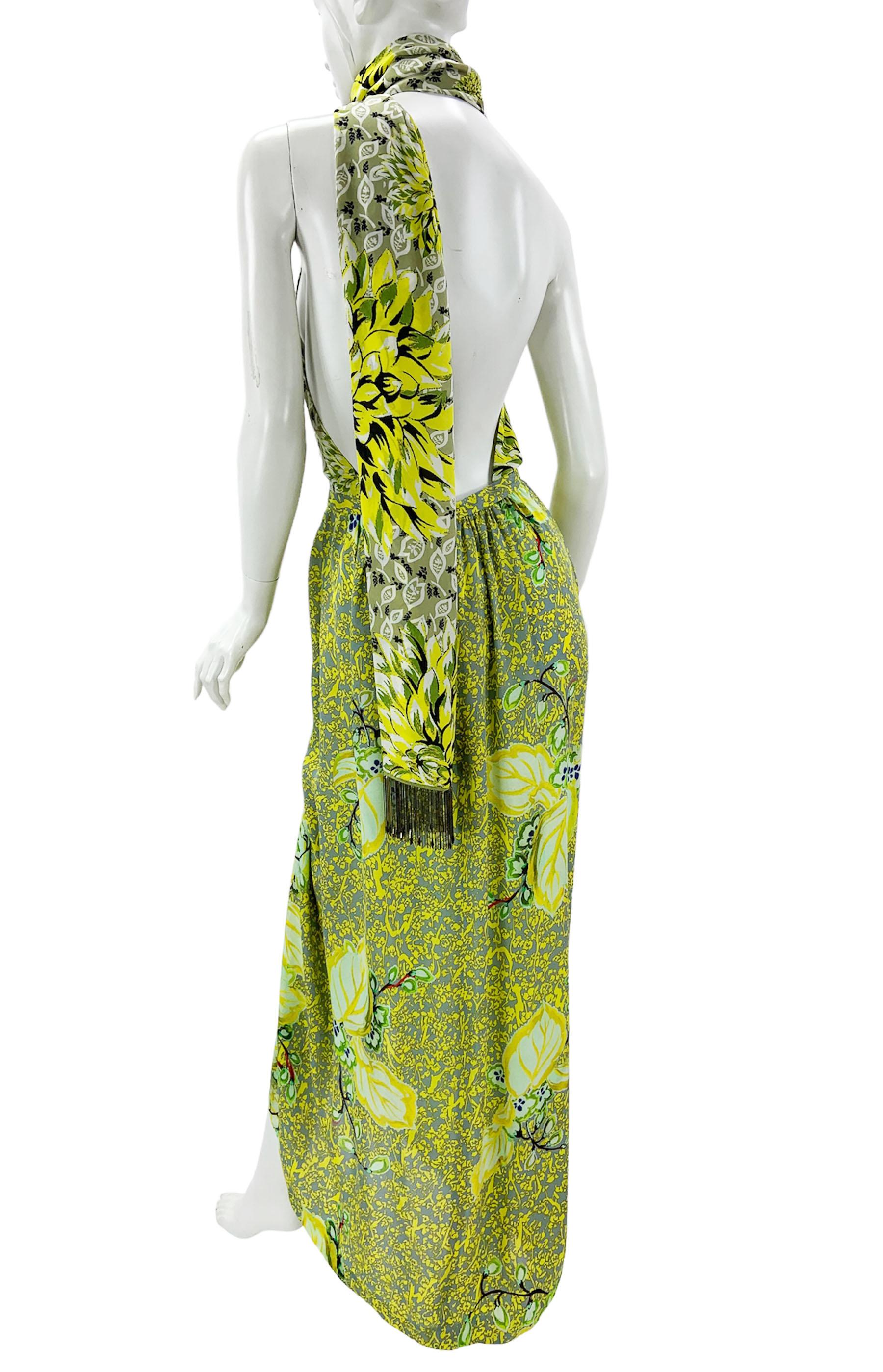 New Etro Silk Runway Yellow Green Midi Open Back Dress with Scarf Italian 42 For Sale 7