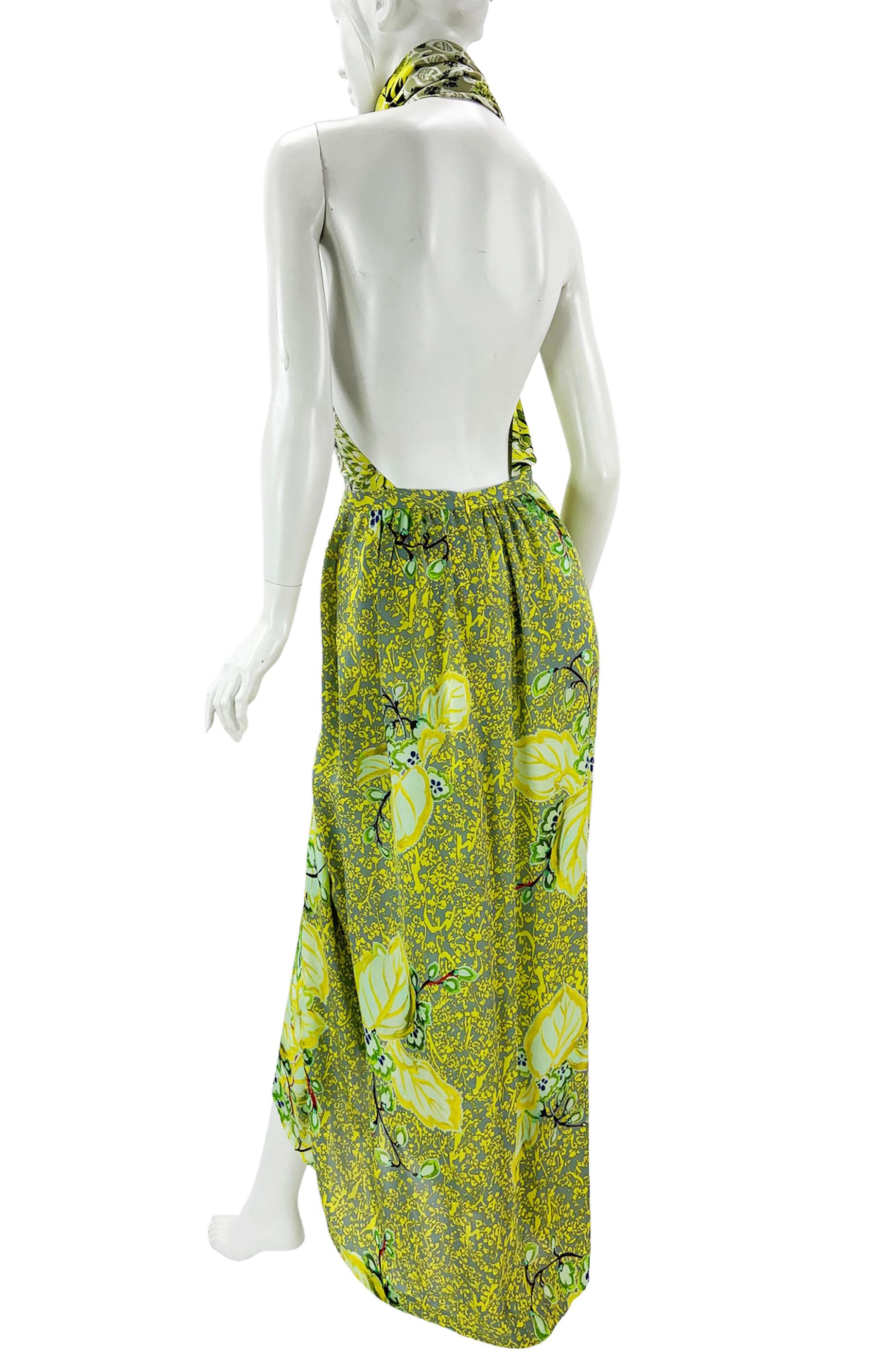 New Etro Silk Runway Yellow Green Midi Open Back Dress with Scarf Italian 42 For Sale 8