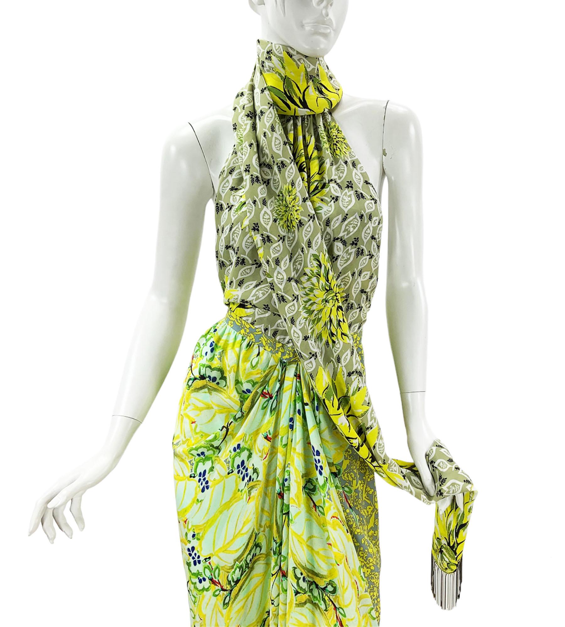 New Etro Silk Runway Yellow Green Midi Open Back Dress with Scarf Italian 42 For Sale 9