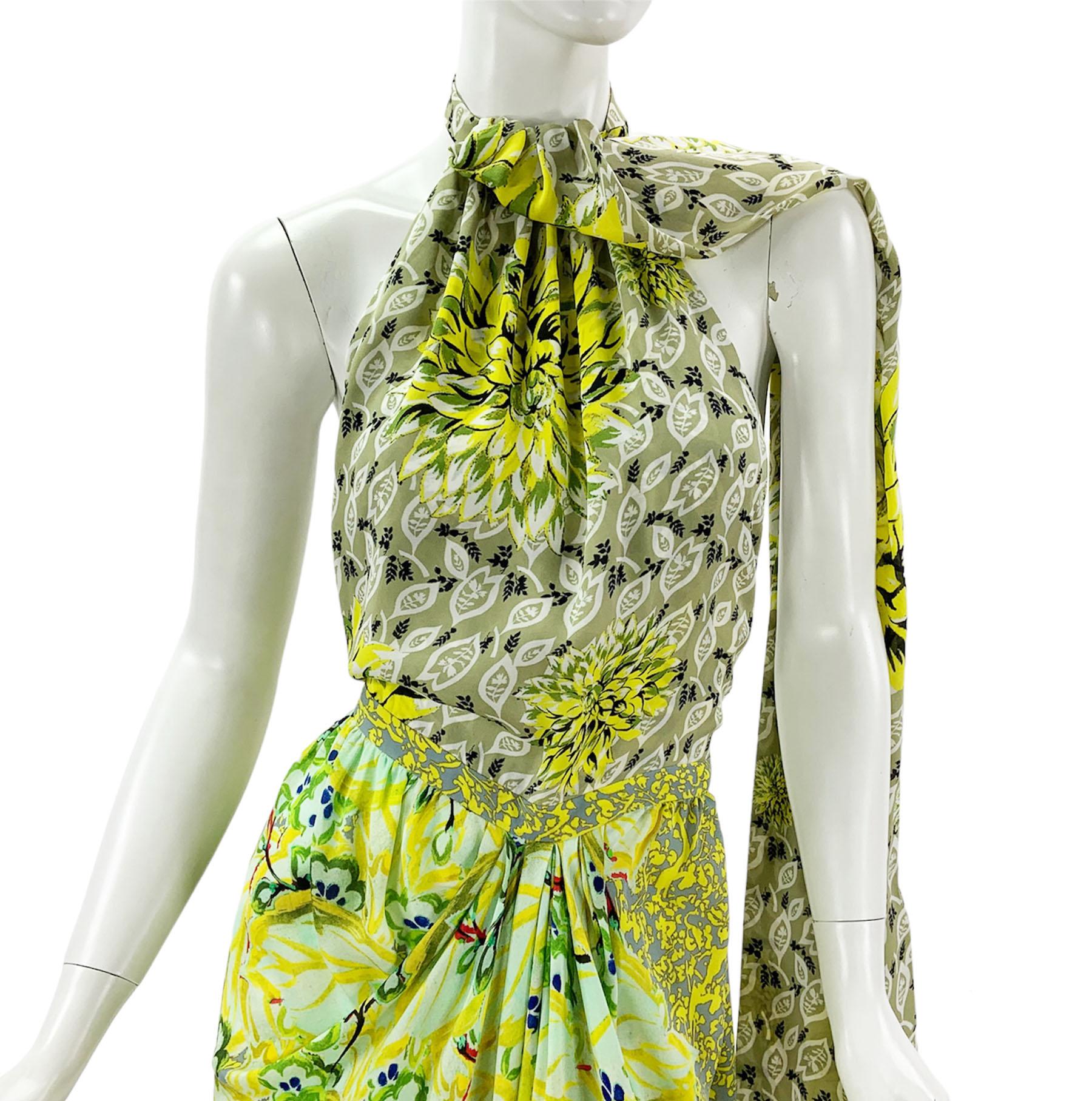 New Etro Silk Runway Yellow Green Midi Open Back Dress with Scarf Italian 42 For Sale 10