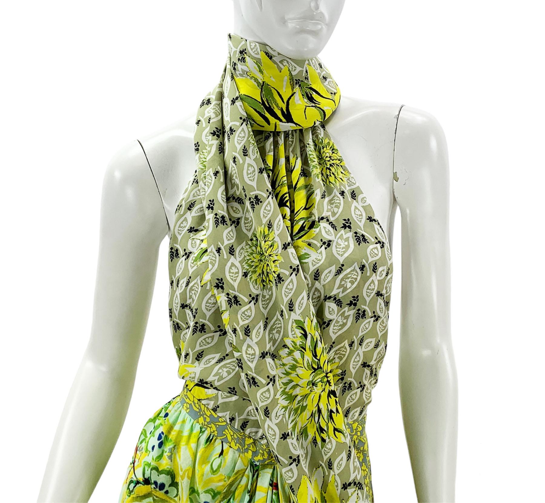 New Etro Silk Runway Yellow Green Midi Open Back Dress with Scarf Italian 42 For Sale 12