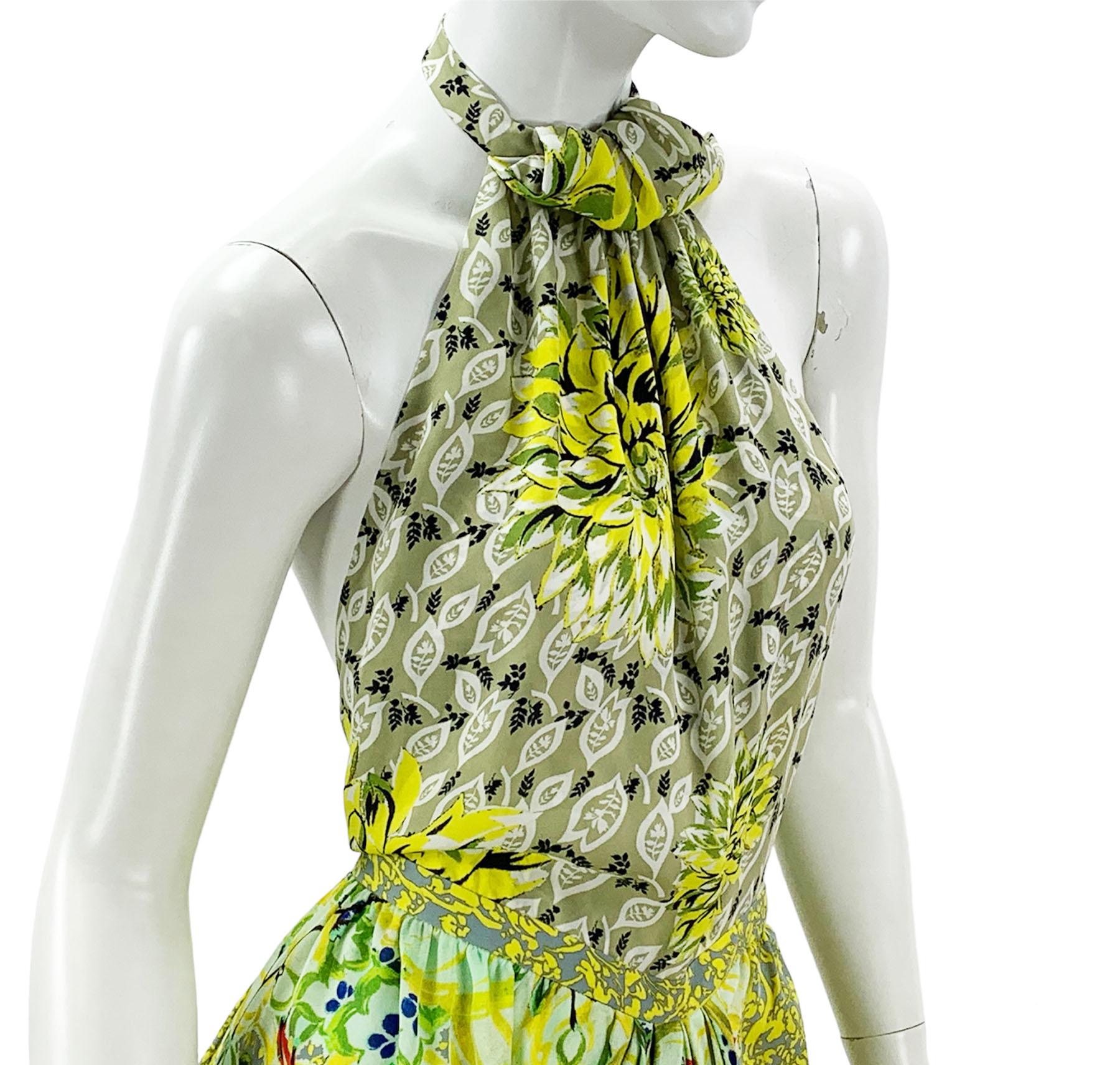 New Etro Silk Runway Yellow Green Midi Open Back Dress with Scarf Italian 42 For Sale 13