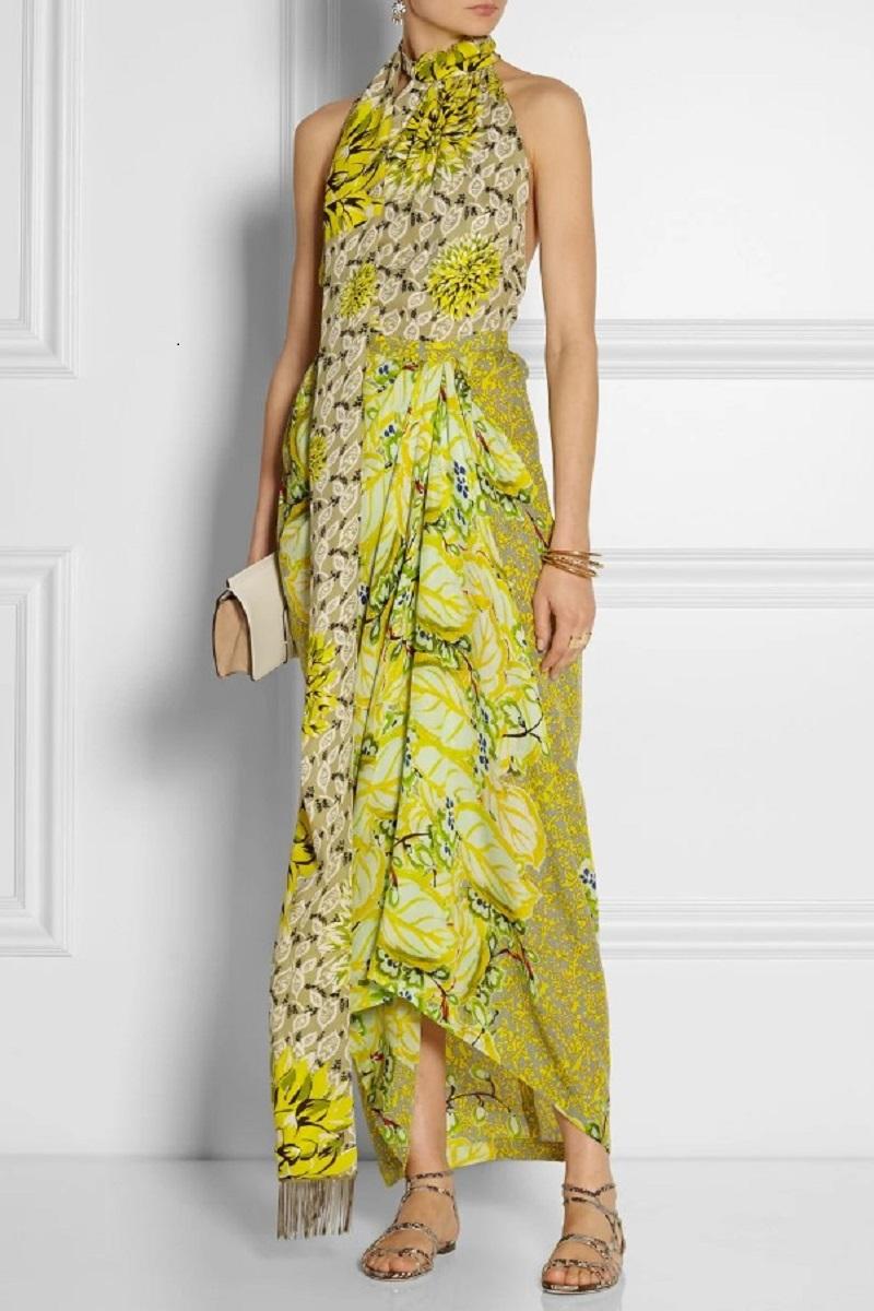 Etro Silk Runway Yellow Green Midi Open Back Dress with Scarf
Italian size - 42
100% Silk, Halter Neck Style with Attached Scarf, Scarf Finished with Metal Fringe, Open Back. 
Measurements: Length - 46 inches ( front ) 57