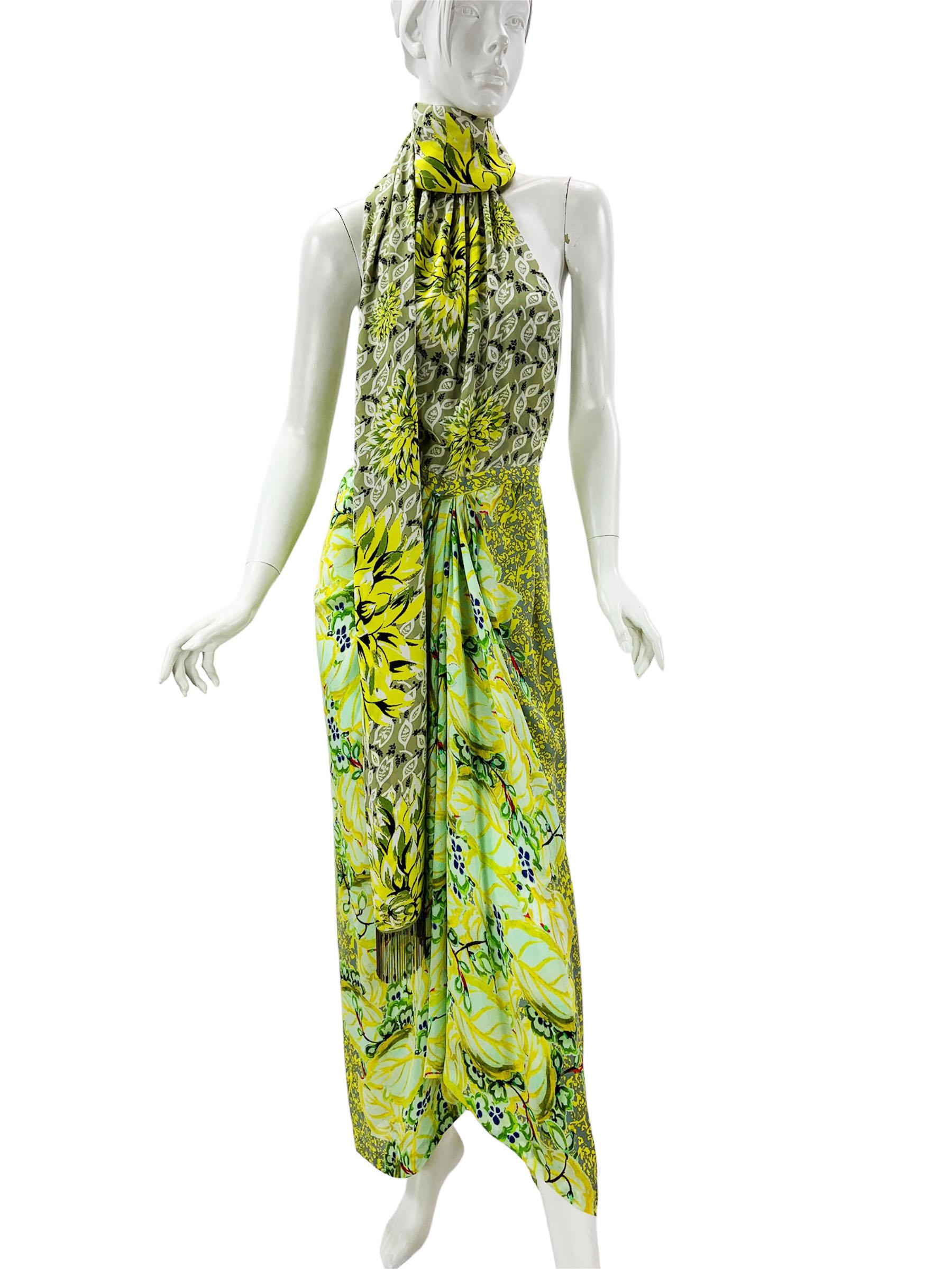 Women's New Etro Silk Runway Yellow Green Midi Open Back Dress with Scarf Italian 42 For Sale