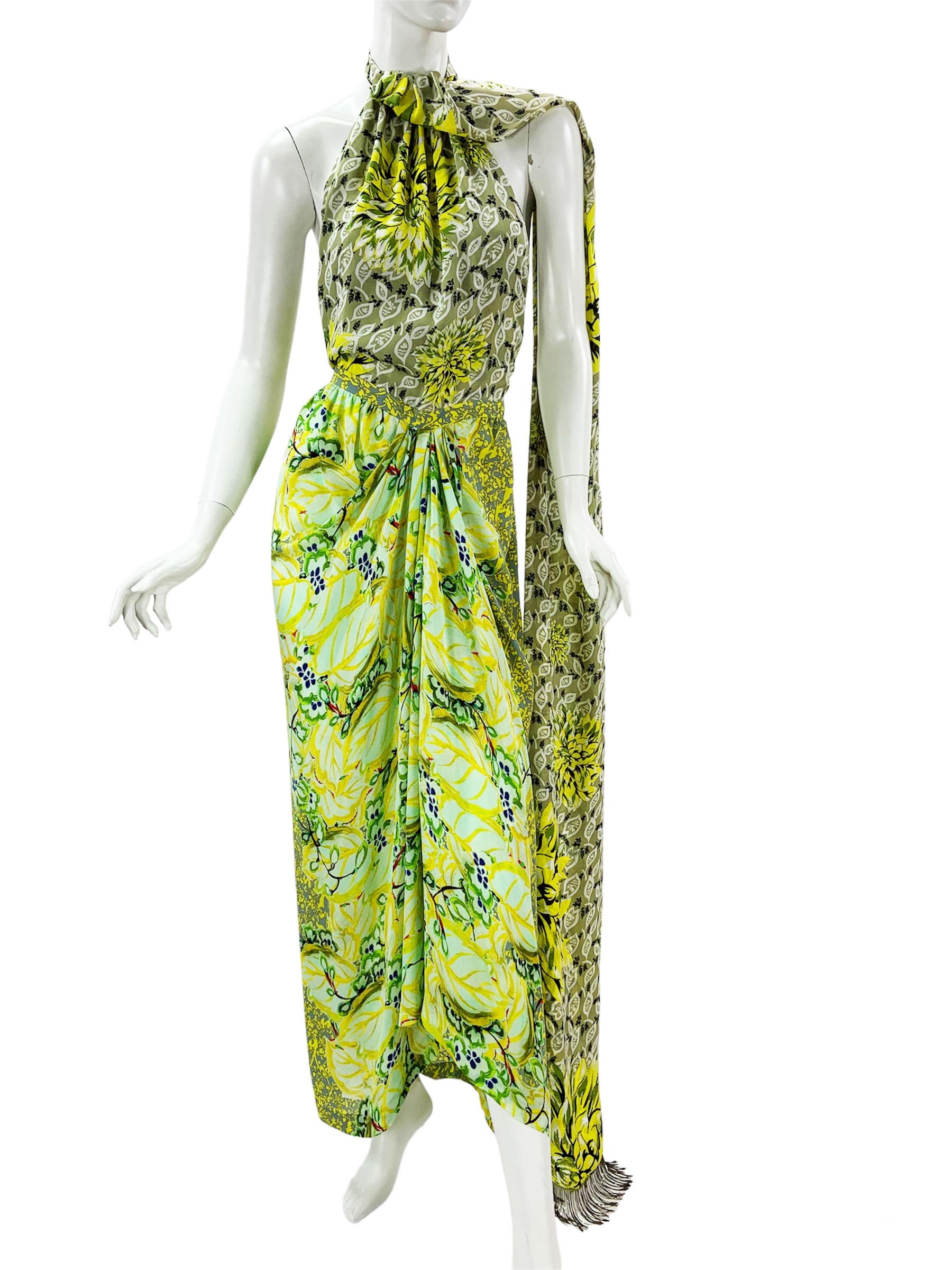 New Etro Silk Runway Yellow Green Midi Open Back Dress with Scarf Italian 42 For Sale 1