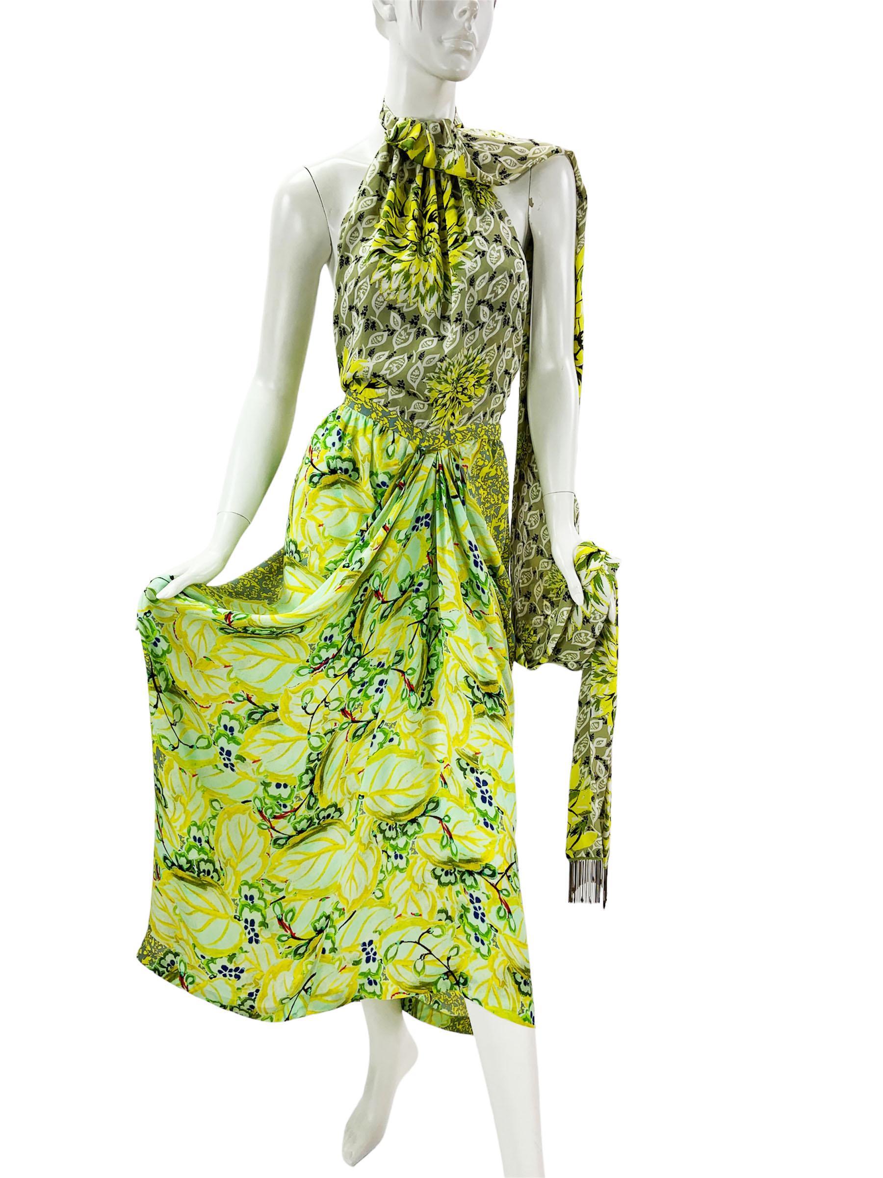 New Etro Silk Runway Yellow Green Midi Open Back Dress with Scarf Italian 42 For Sale 2