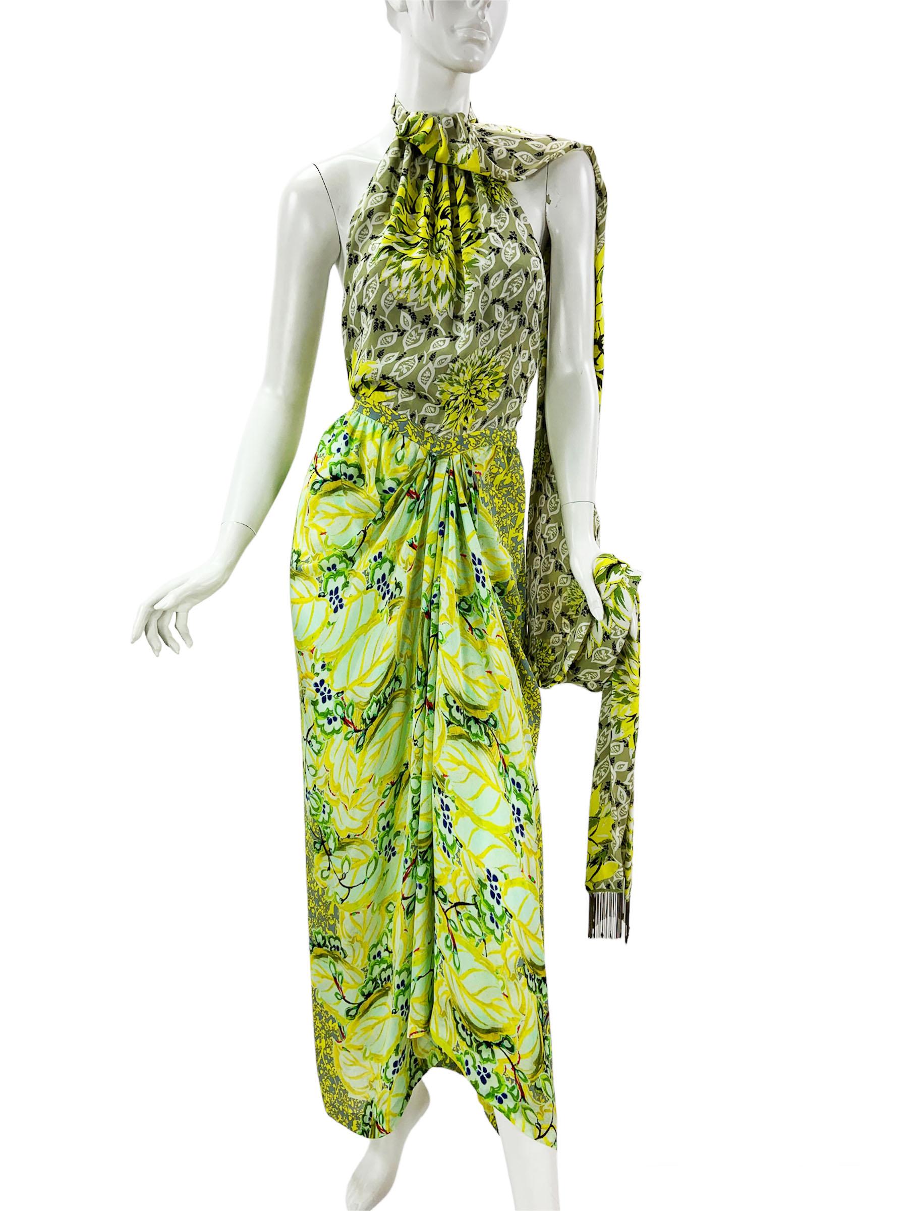 New Etro Silk Runway Yellow Green Midi Open Back Dress with Scarf Italian 42 For Sale 3