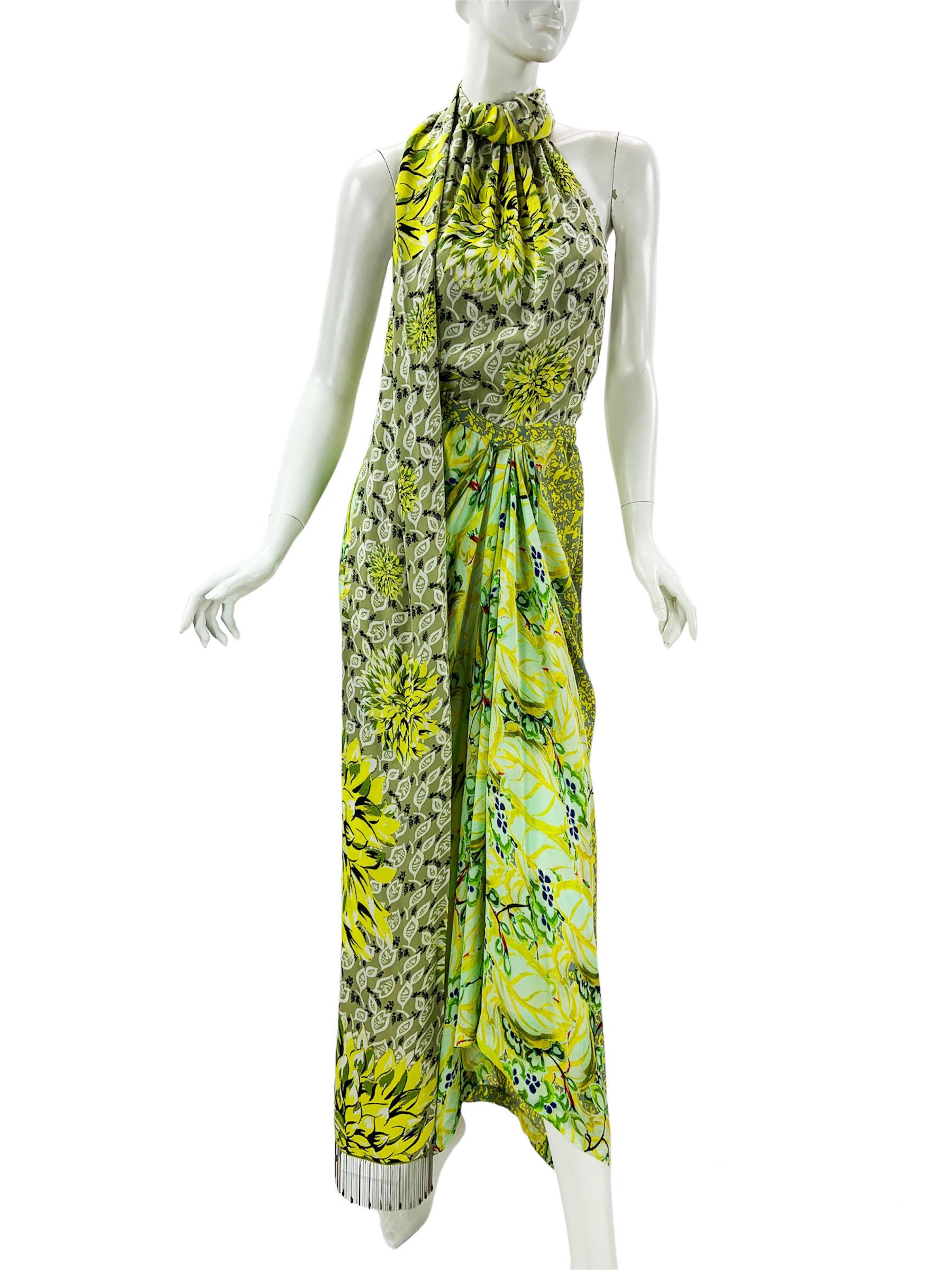 New Etro Silk Runway Yellow Green Midi Open Back Dress with Scarf Italian 42 For Sale 4