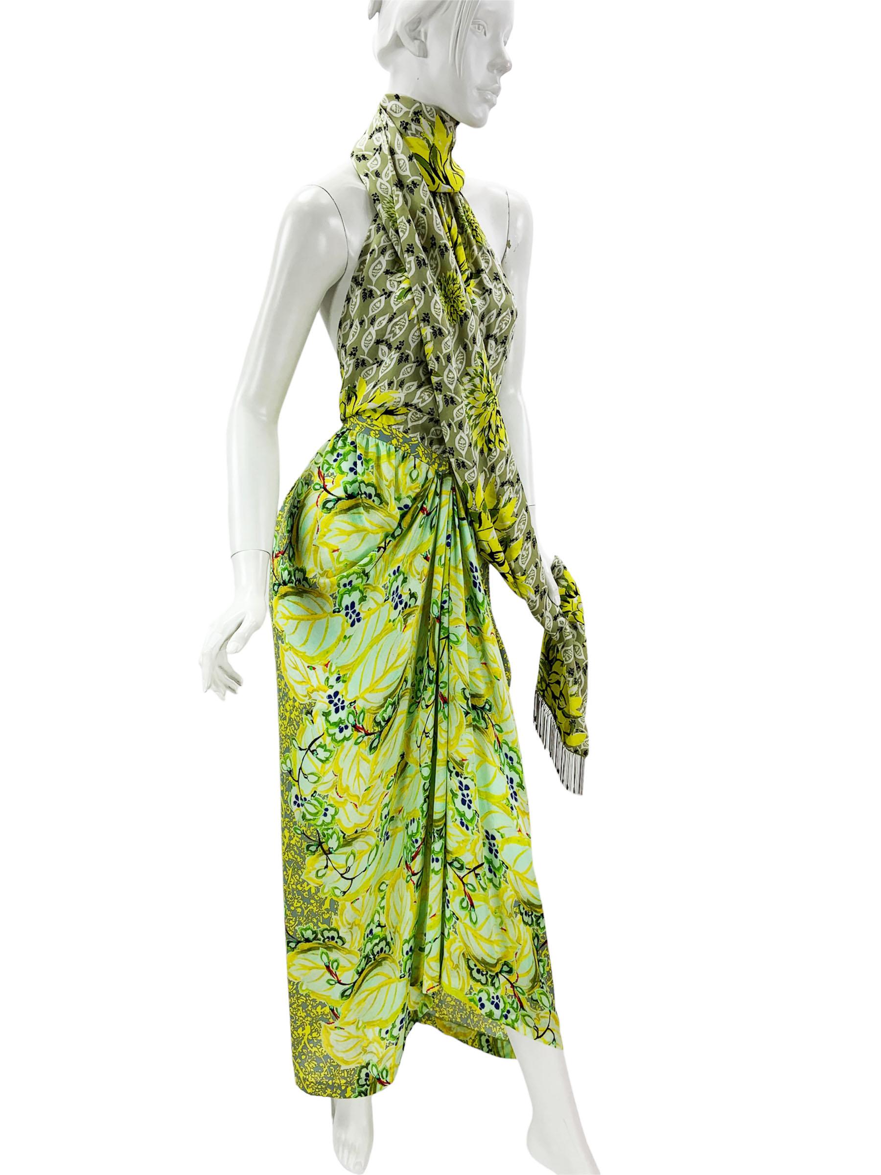 New Etro Silk Runway Yellow Green Midi Open Back Dress with Scarf Italian 42 For Sale 5
