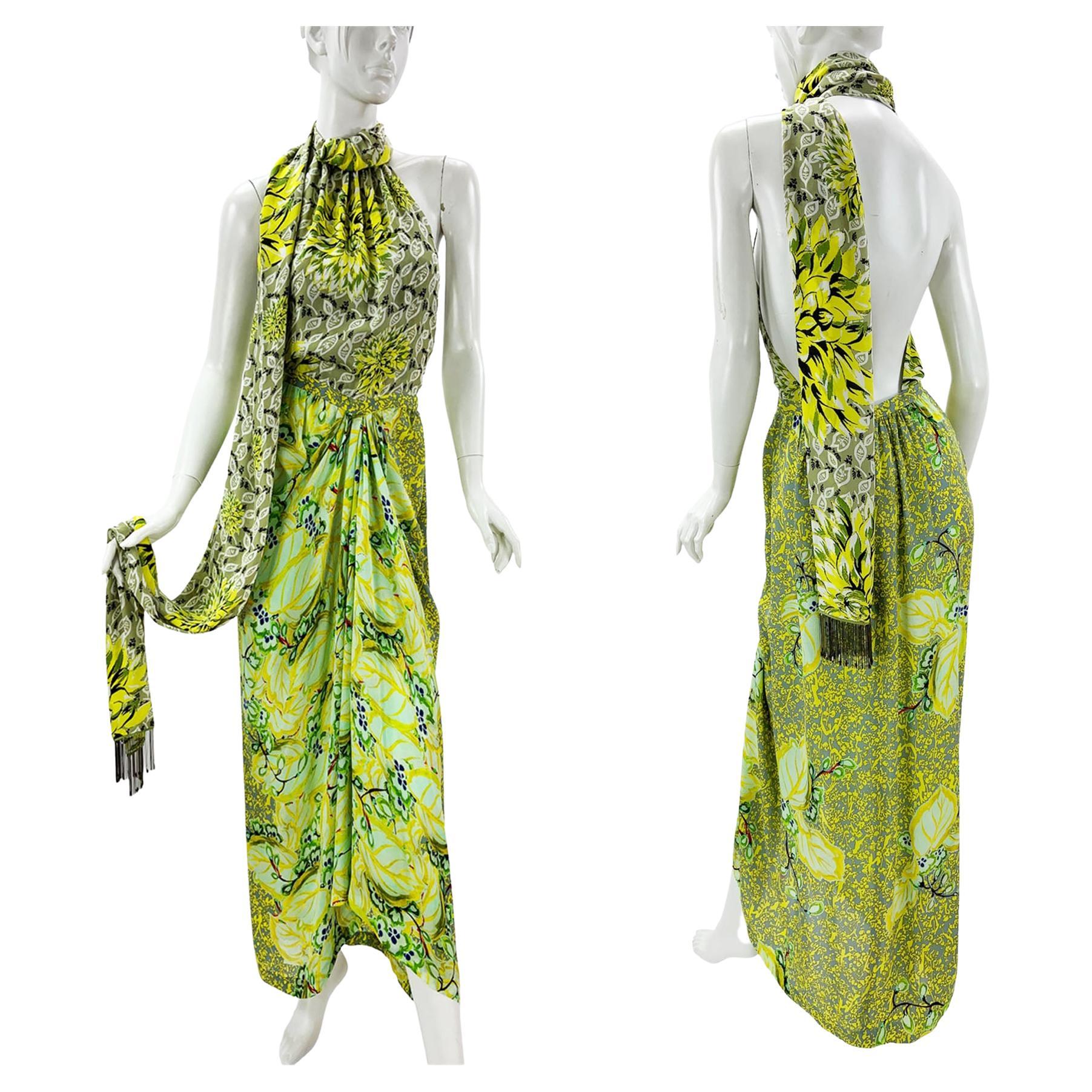 New Etro Silk Runway Yellow Green Midi Open Back Dress with Scarf Italian 42 For Sale