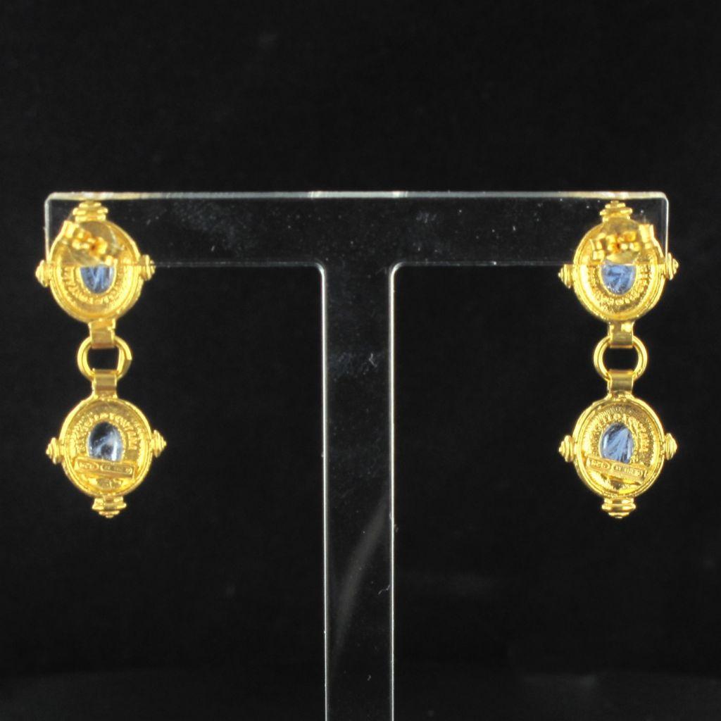 New Etruscan Style Vermeil Blue Stone Drop Earrings In New Condition In Poitiers, FR