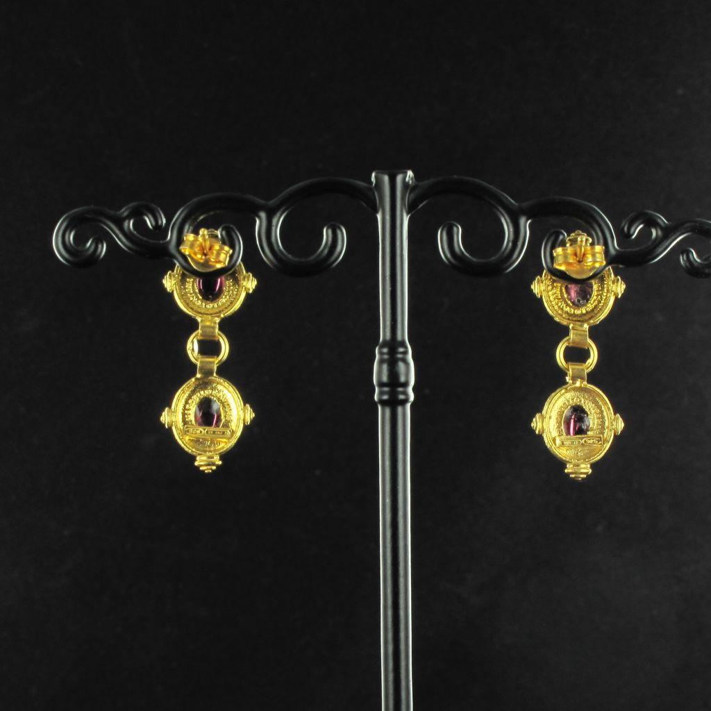 New Etruscan Style Vermeil Red Stone Drop Earrings In New Condition For Sale In Poitiers, FR