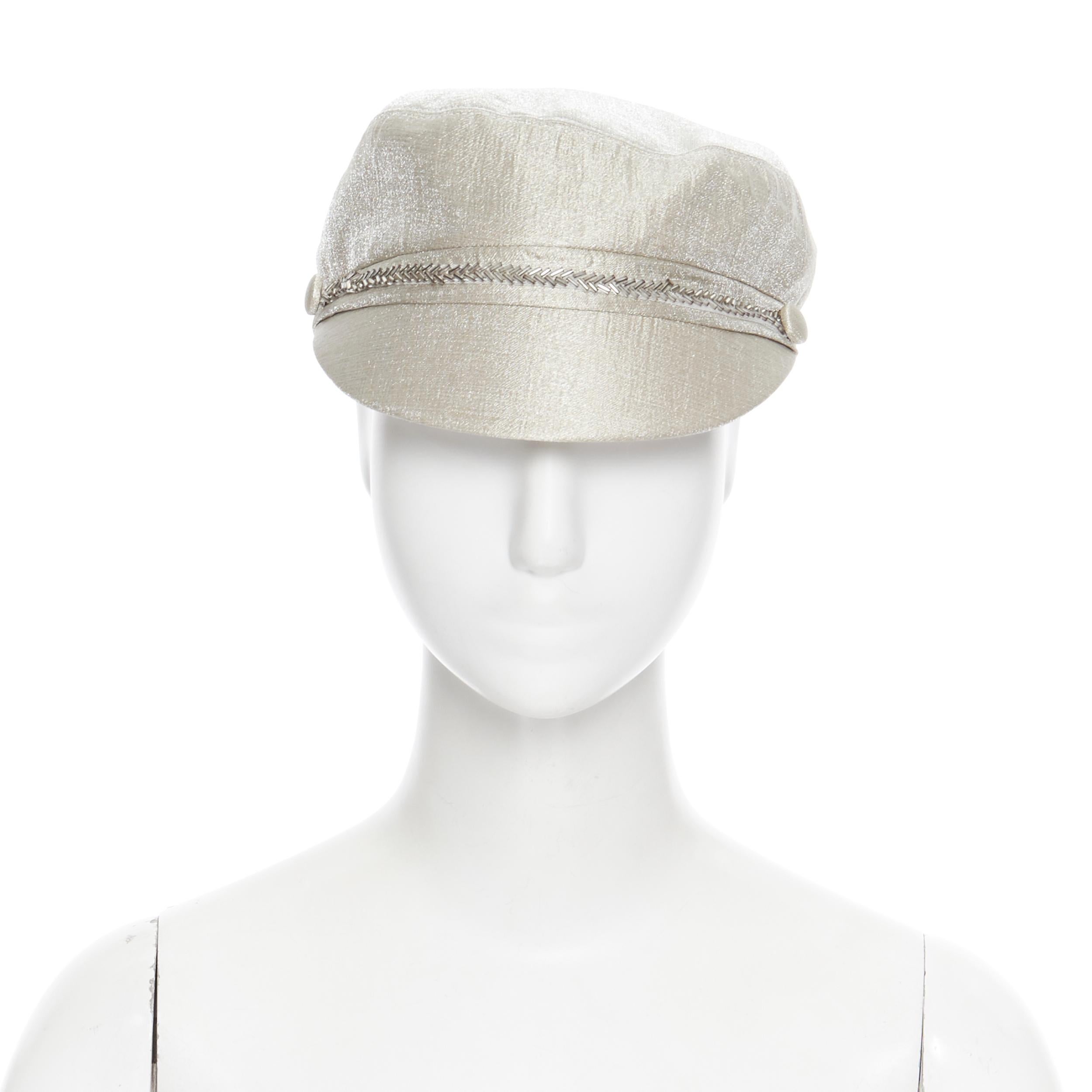 new EUGENIA KIM mint champagne silver bead embellished newsboy hat 
Brand: Eugenia Kim
Designer: Eugenia Kim
Model Name / Style: Newsboy hat
Material: Fabric
Color: Silver
Pattern: Solid
Extra Detail: Short beak. Bead embellishment.
Made in: