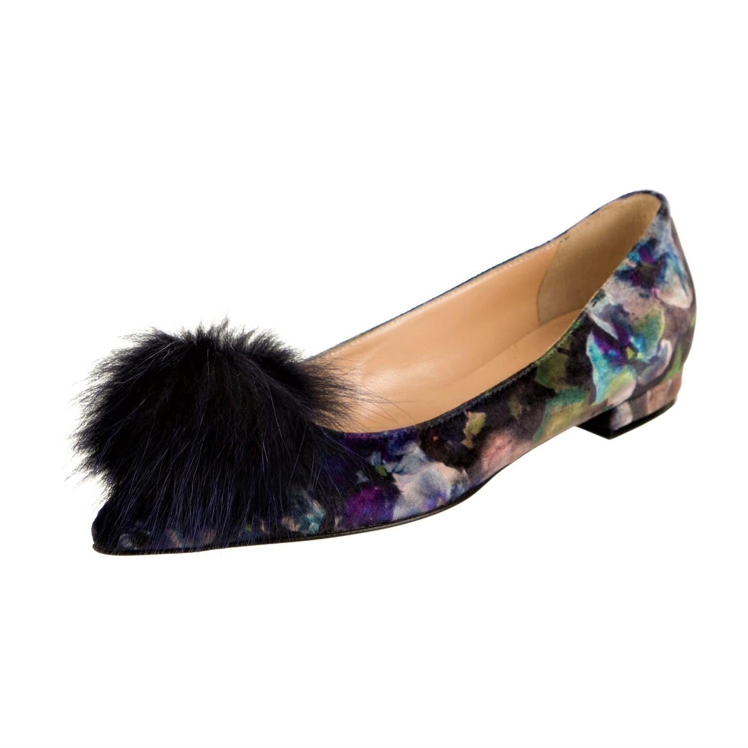 Eugenia Kim
$875
* Beautiful Multi Colored Velvet
Mink Pouf at Toe
* Eugenia Kim did a limited collection of stunning shoes

* Size: 37 (these run a half size small, so a U.S. 6.5)
* Flats
Heels: 0.75