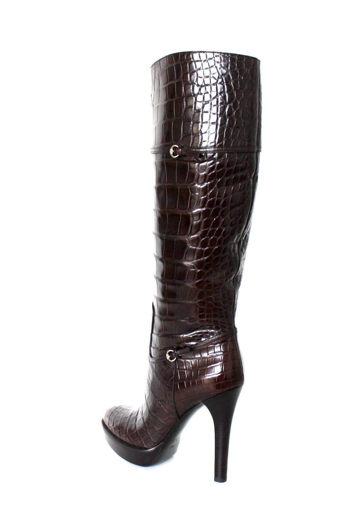 NEU Gucci Exotische braune extra hohe Alligatorhaut High Heels Stiefel 17899 $ 41 Damen im Angebot