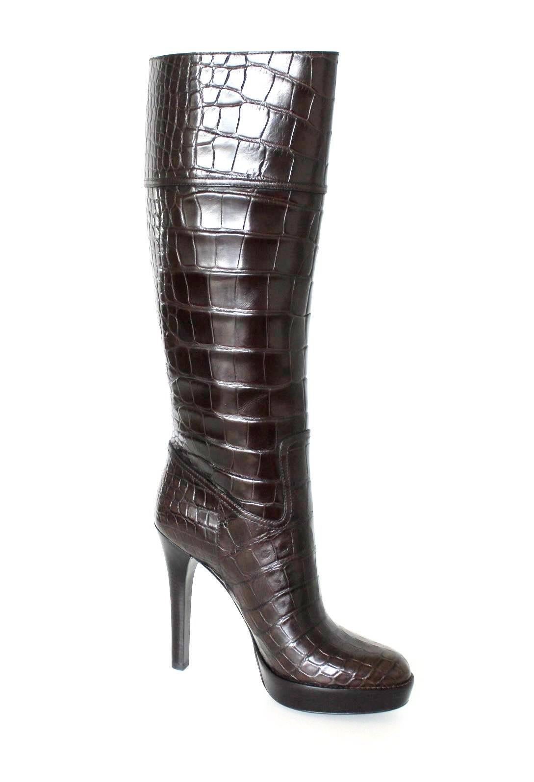 Black NEW Gucci Exotic Brown Extra Tall Alligator Skin High Heels Boots 17899$ 41 For Sale
