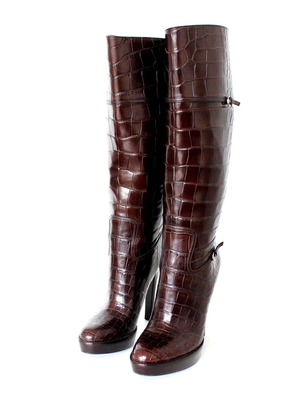 Women's NEW Gucci Exotic Brown Extra Tall Alligator Skin High Heels Boots 17899$ 41 For Sale