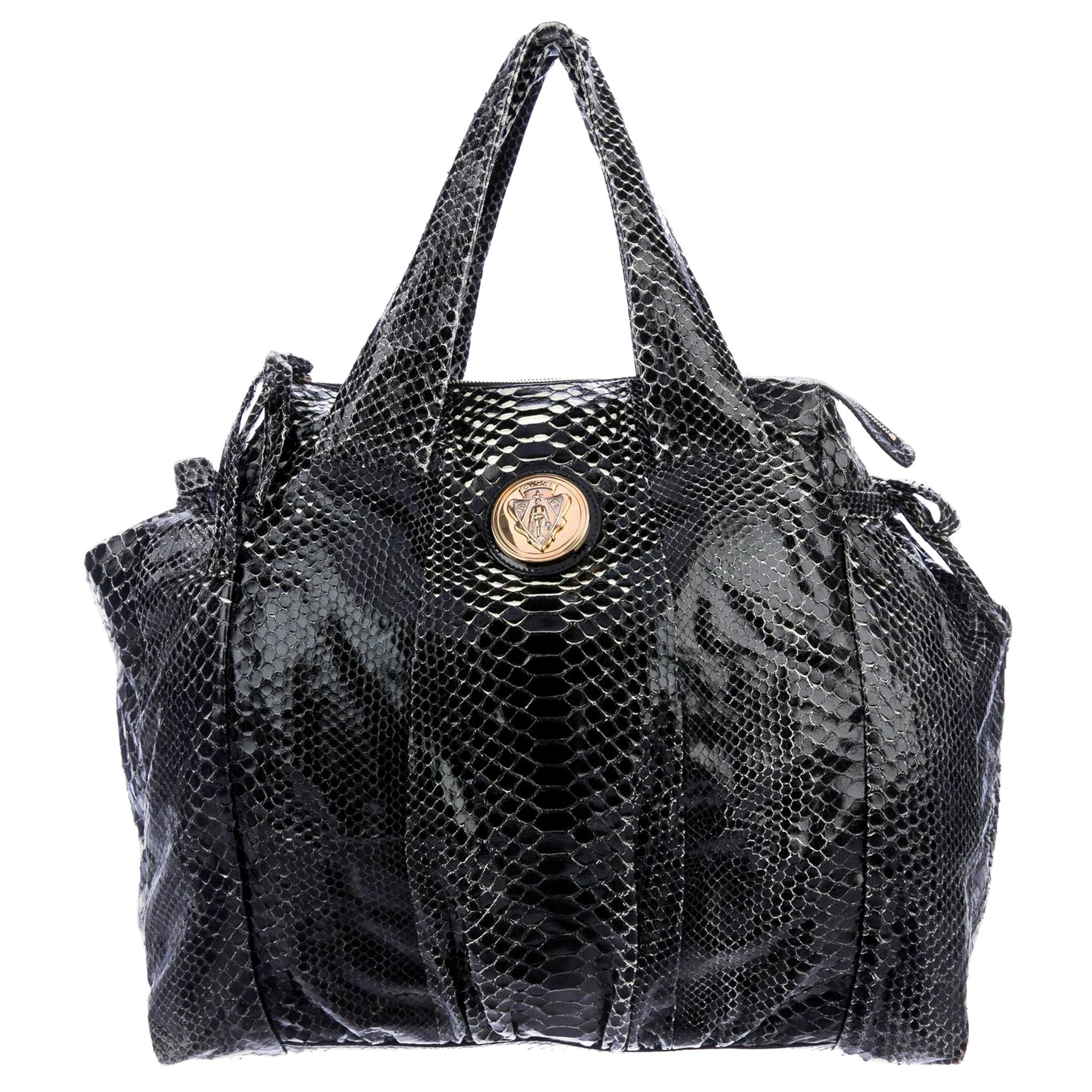 NEW Exotic XL Gucci Black Python Skin Tote Shoulder Bag with Gucci Crest Logo