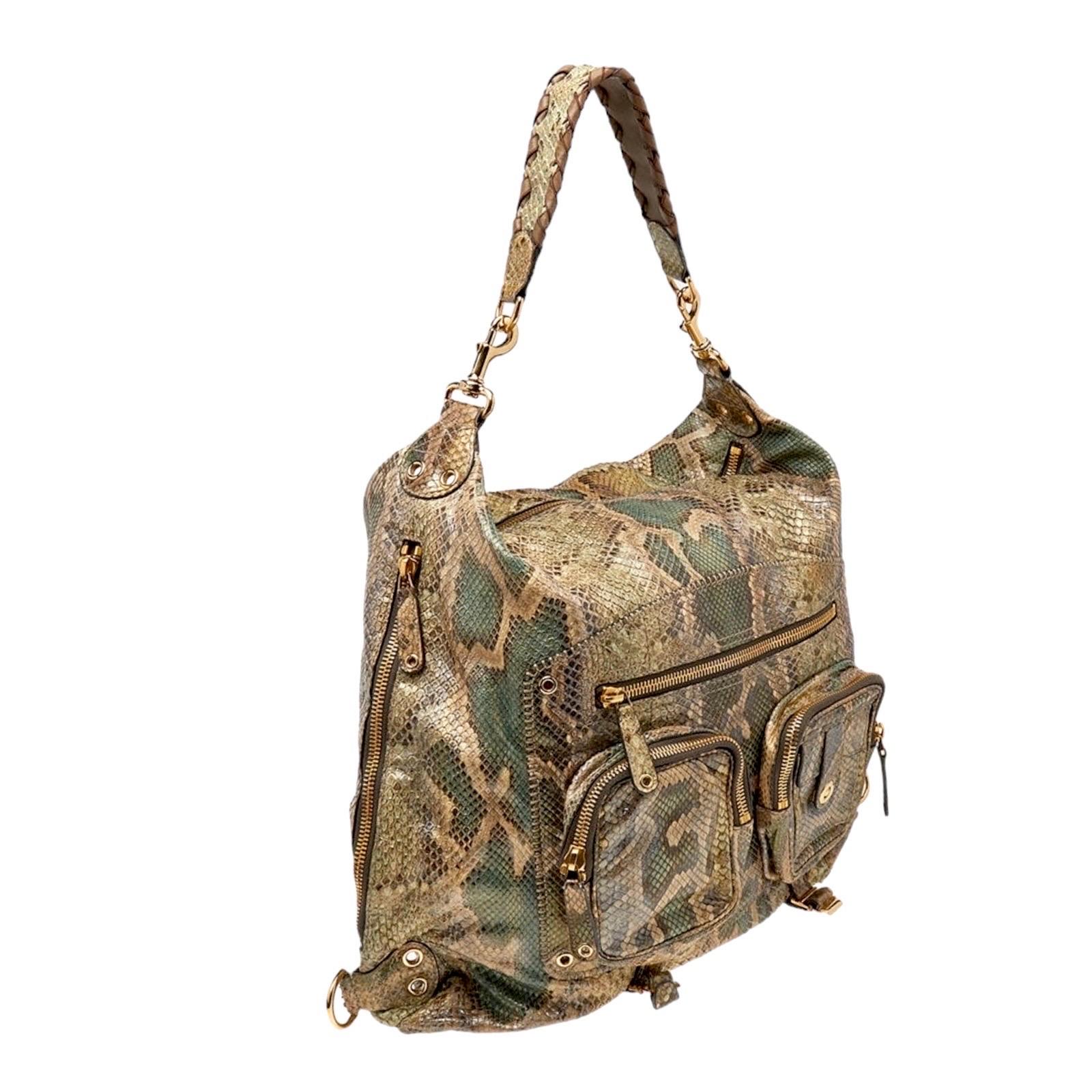 Brown NEW Exotic XL Gucci Camouflage Green Python Skin Tote Shoulder Bag Hobo For Sale